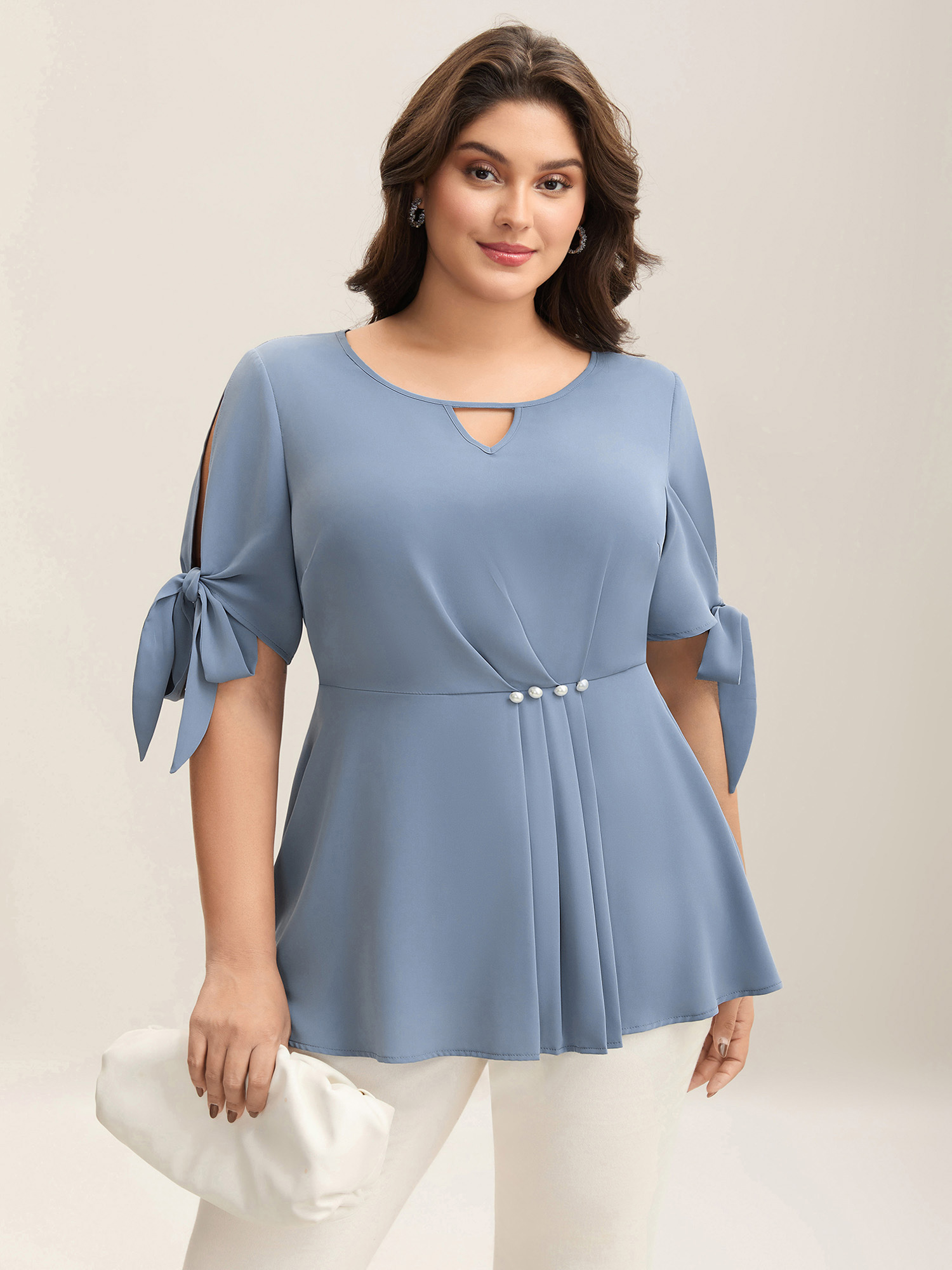 

Plus Size Stone Knotted Sleeve Pearl Detail Keyhole Blouse Women Short sleeve Round Neck Work Blouses BloomChic