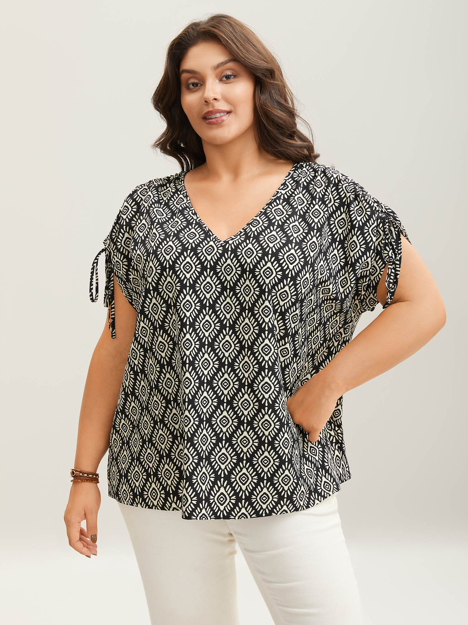 

Plus Size Black Boho Print Drawstring Sleeve Blouse Women Cap Sleeve V-neck Vacation Blouses BloomChic