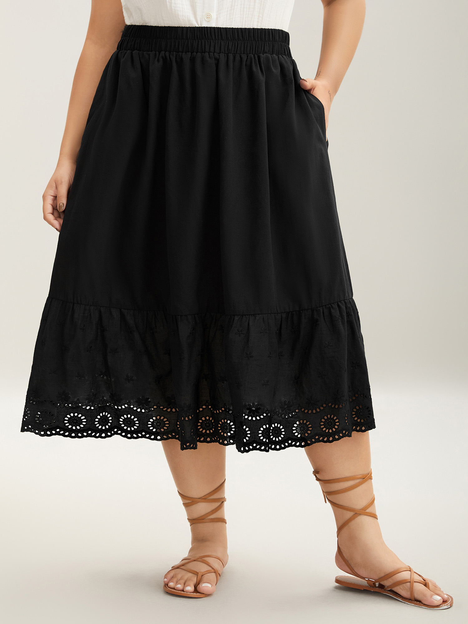 

Plus Size Cotton Embroidered Lace Tiered Hem Skirt Women Black Elegant Gathered Bodycon Low stretch Slanted pocket Everyday-Elegant Skirts BloomChic