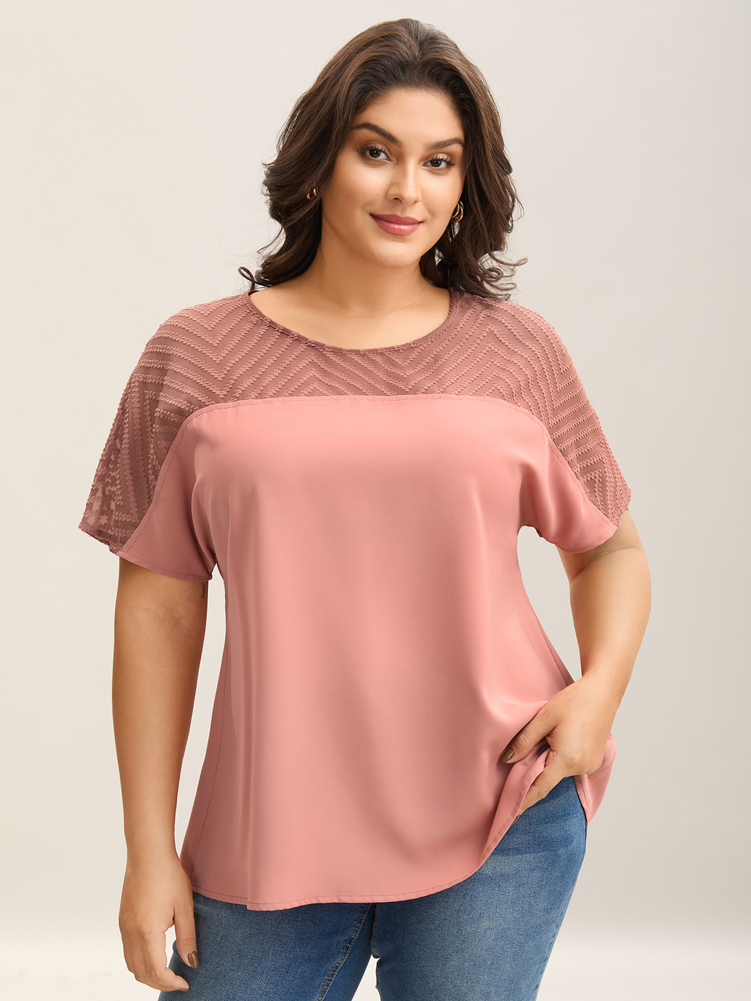 

Plus Size DustyPink Textured Sheer Spliced Half Sleeve Blouse Women Short sleeve Round Neck Everyday-Elegant Blouses BloomChic