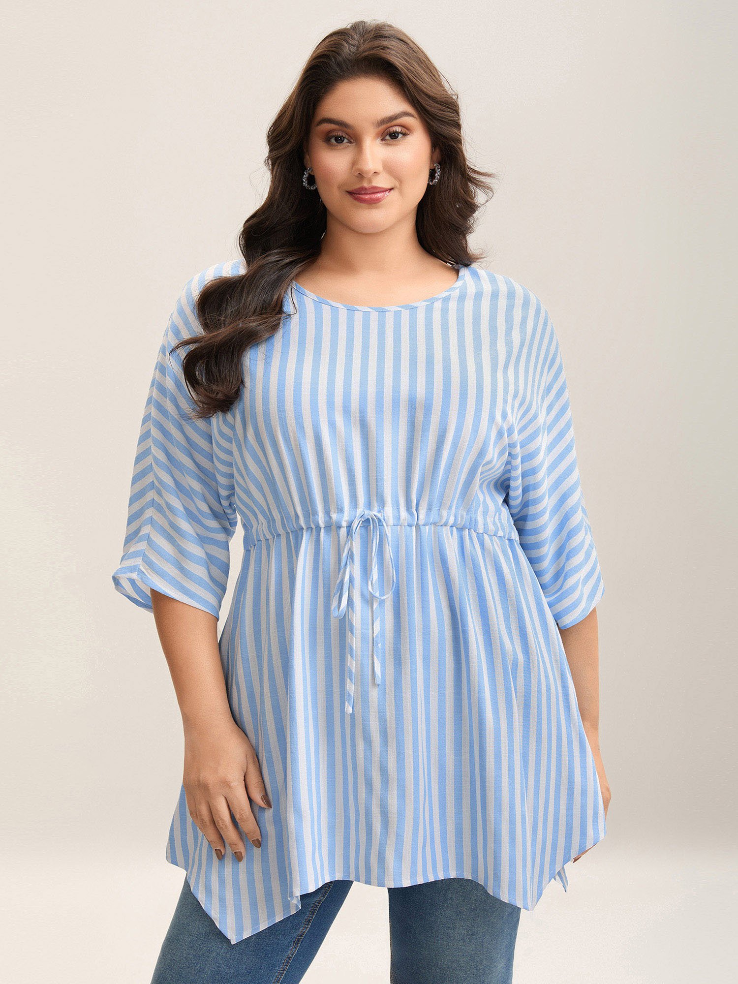 

Plus Size LightBlue Cotton Linen Blend Striped Tied Blouse Women Elbow-length sleeve Round Neck Everyday-Elegant Blouses BloomChic