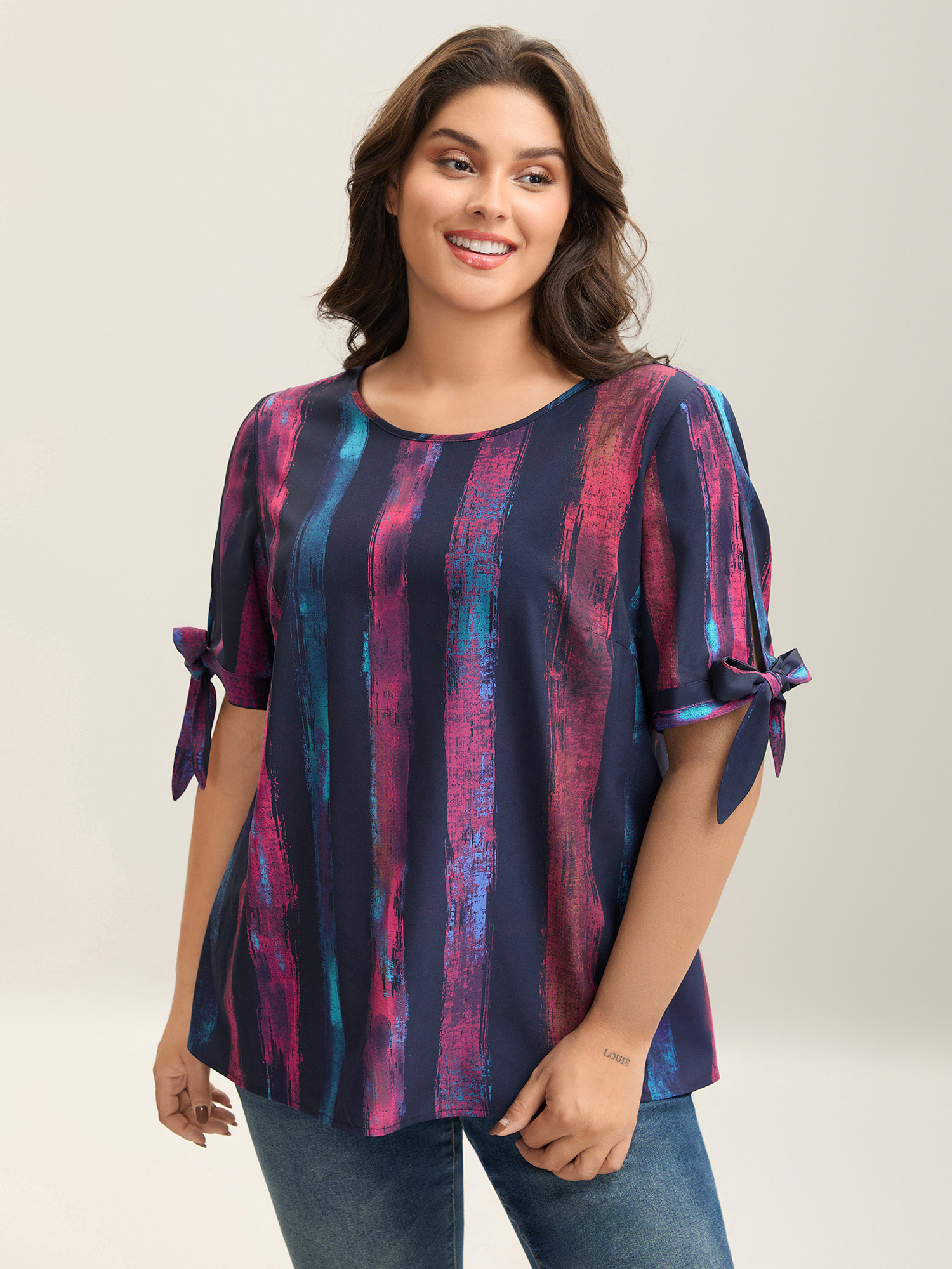 

Plus Size Multicolor Irregular Stripes Sleeve Tie Blouse Women Short sleeve Round Neck Everyday-Casual Blouses BloomChic