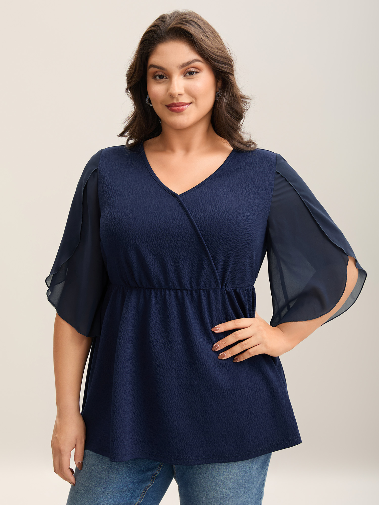 

Plus Size Textured Sheer Petal Sleeve Plain Top Midnight V-neck Elbow-length sleeve Jersey Tops