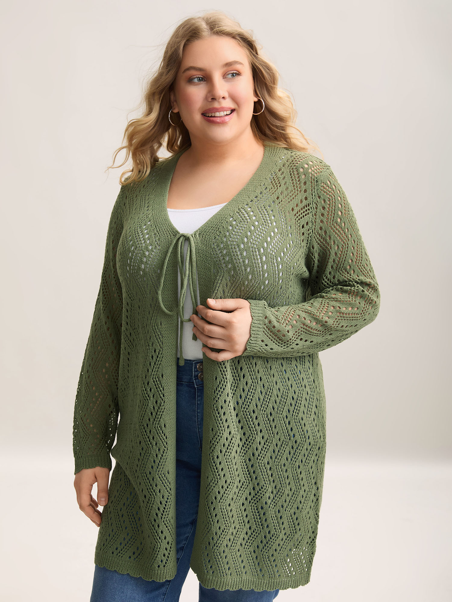 

Plus Size Eyelet Trim Front Mid Tie Knit Cardigan Moss Women Casual Loose Long Sleeve Everyday-Casual Cardigans BloomChic