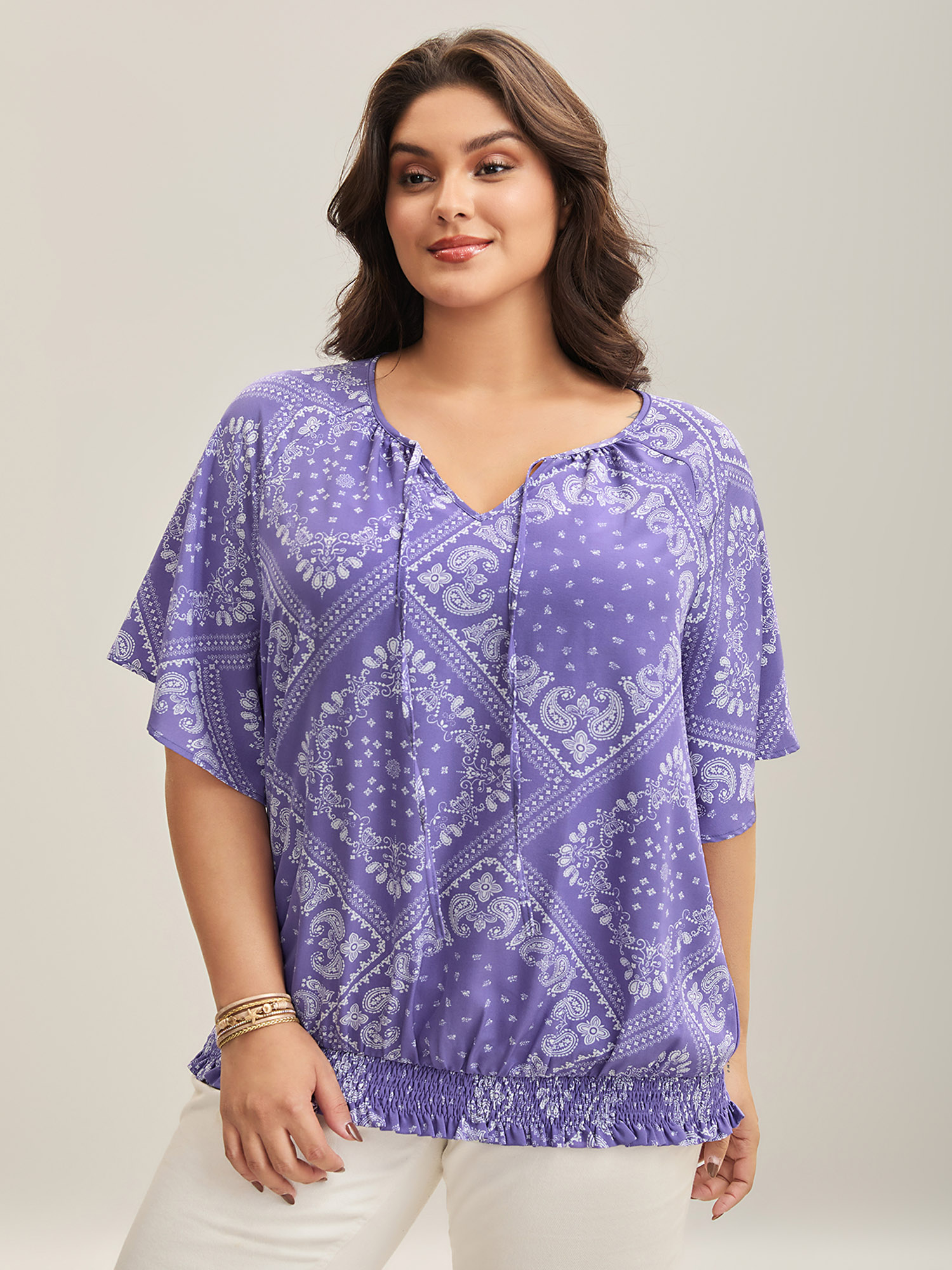 

Plus Size Lavender Cube Floral Pattern Shirred Hem Blouse Women Short sleeve Round Neck Vacation Blouses BloomChic