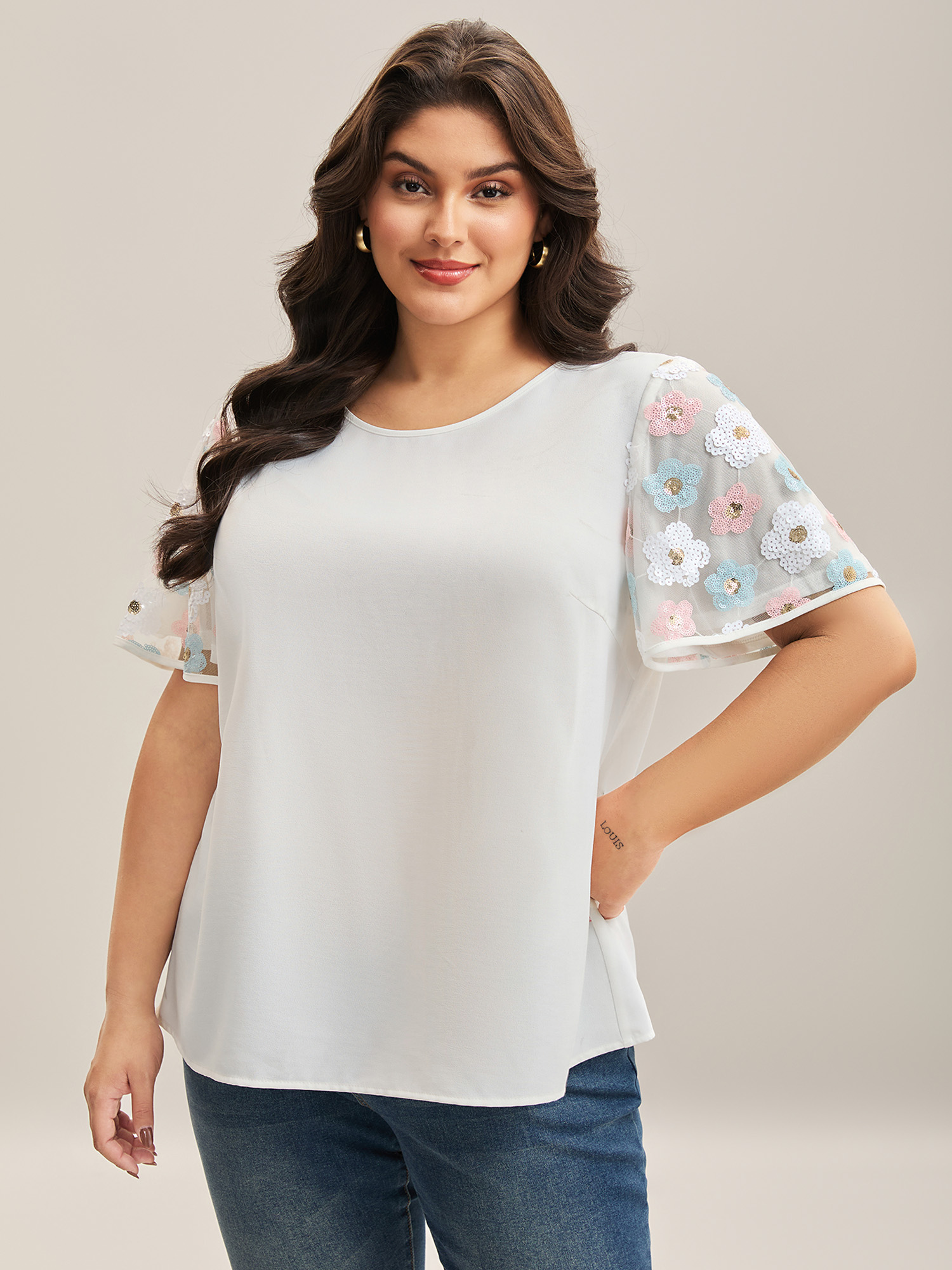 

Plus Size Originalwhite Crochet Flower Sleeve Spliced Blouse Women Short sleeve Boat Neck Everyday-Elegant Blouses BloomChic