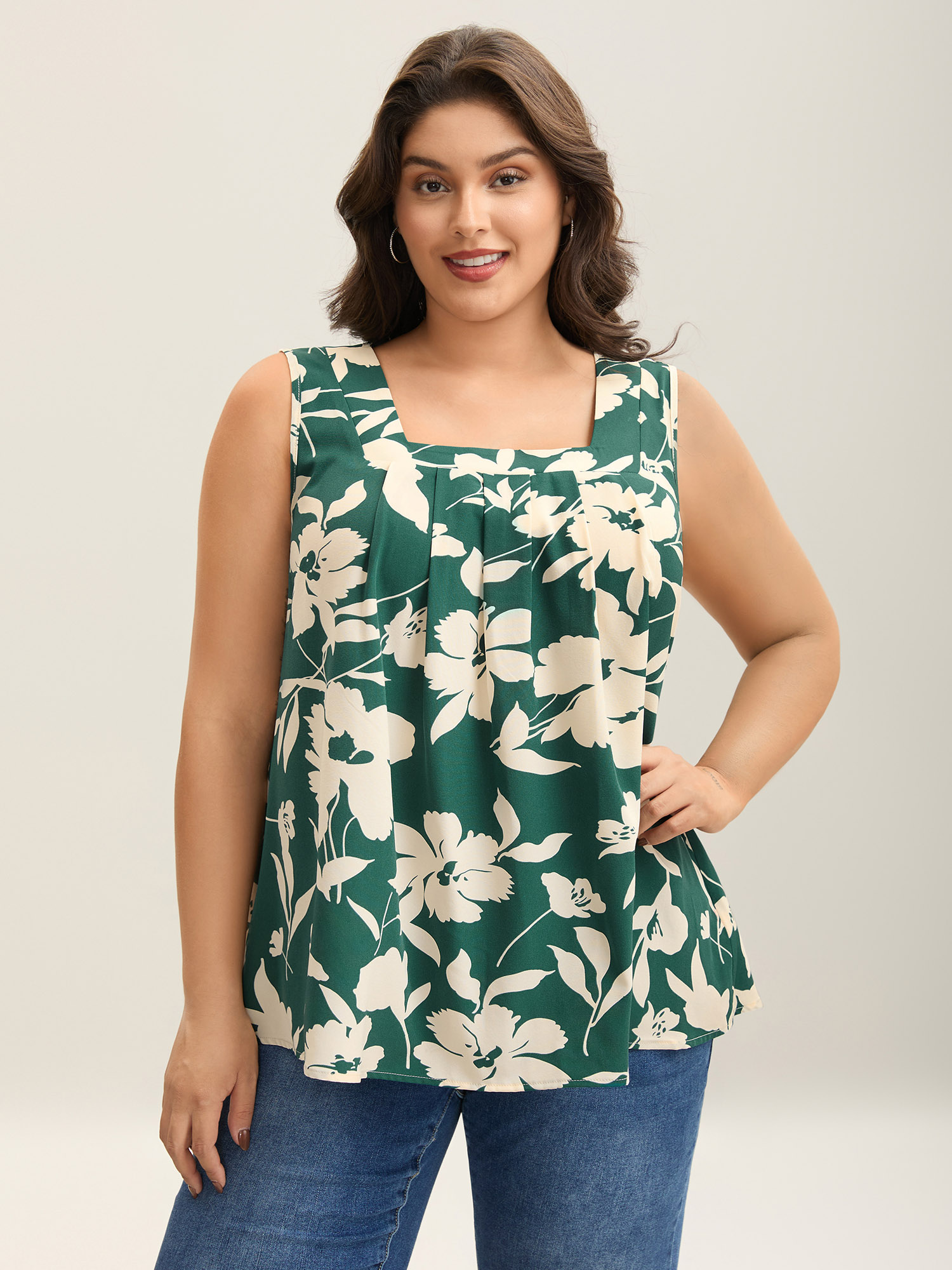 

Plus Size Silhouette Flower Print Tank Top Women Teal Contrast Square Neck Everyday-Casual Tank Tops Camis BloomChic