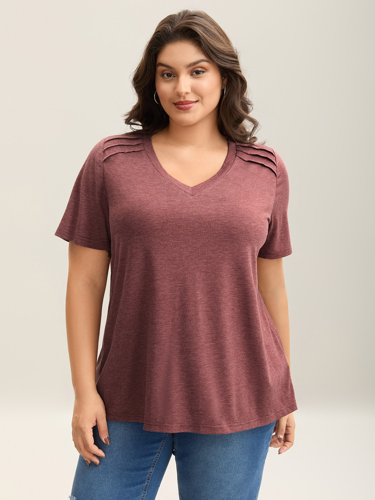 

Plus Size Plicated Detail Shoulder Plain T-Shirt Scarlet Women Tucked seam V-neck Everyday-Casual T-shirts BloomChic