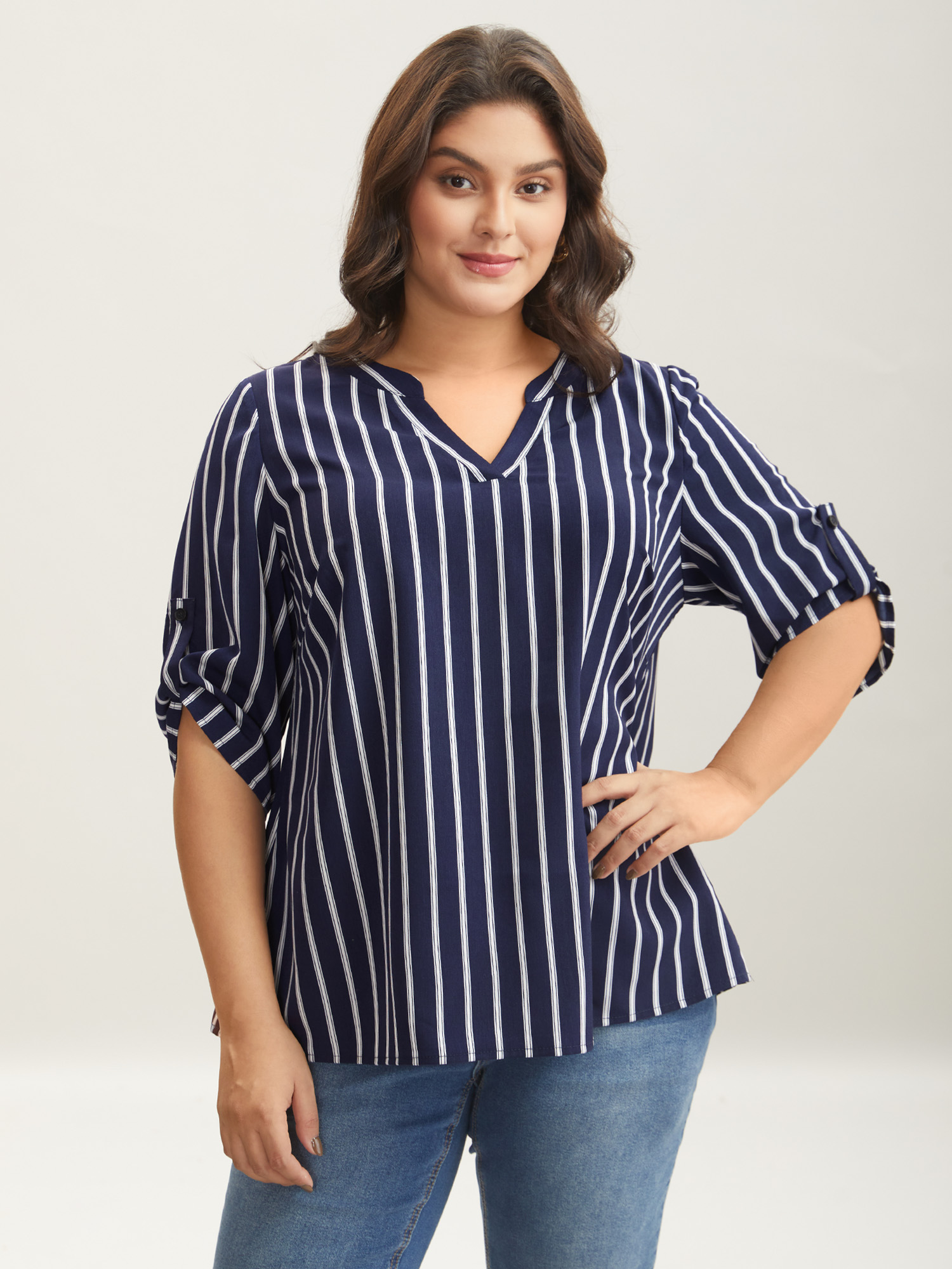 

Plus Size Indigo Notched Collar Striped Tab Sleeve Shirt Women At the Office Elbow-length sleeve Notched collar Work Blouses BloomChic