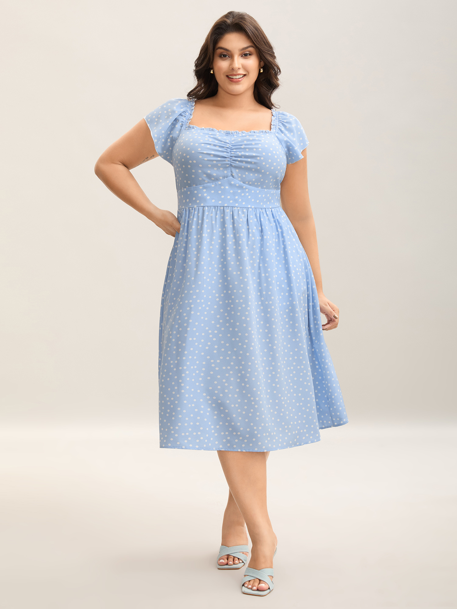 

Plus Size Ruffle Trim Polka Dots Pockets Midi Dress LightBlue Women Non Short sleeve Curvy BloomChic