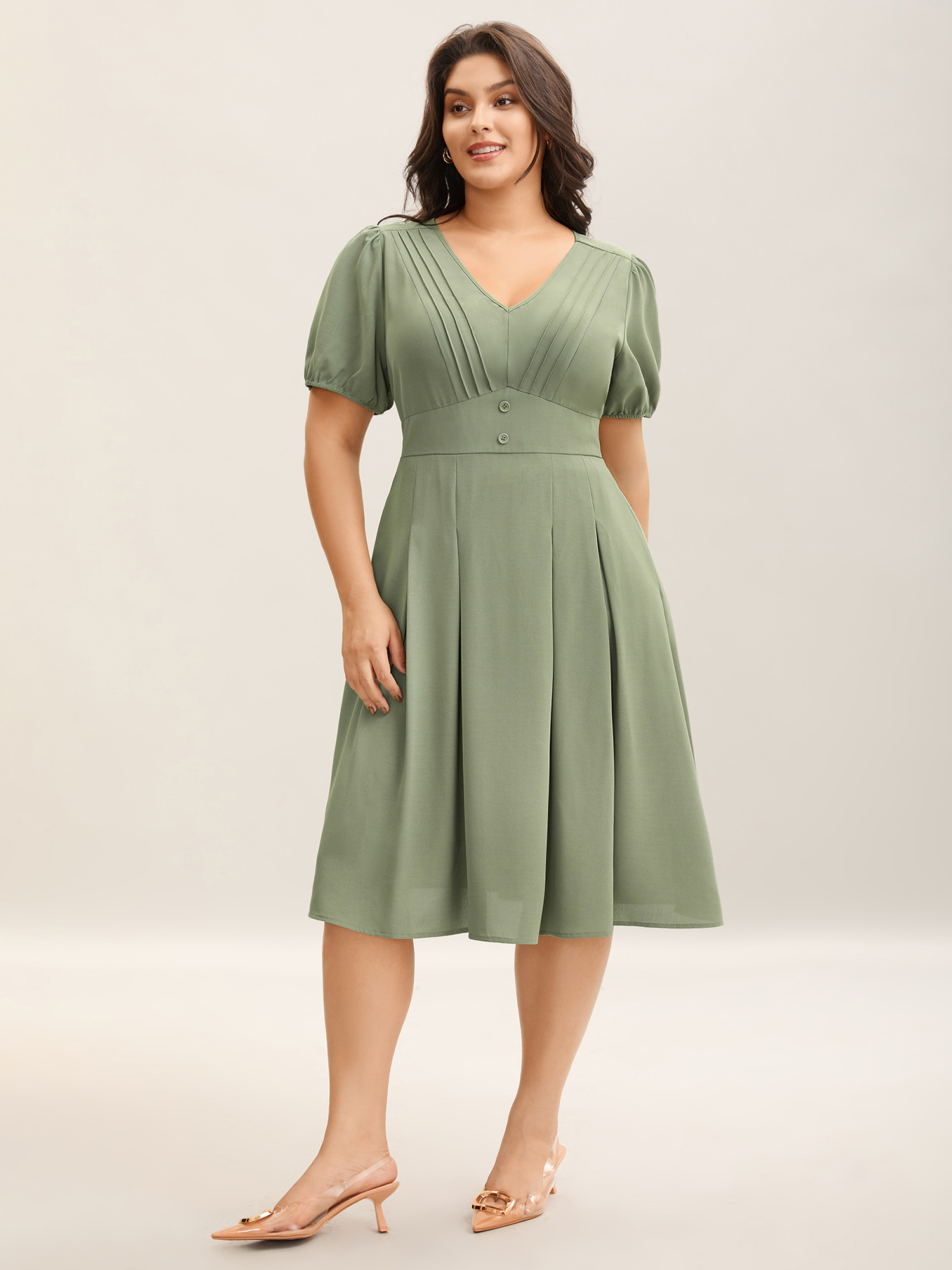 

Plus Size Pleated Neckline Cinched-Waist Solid Midi Dress Greenbean Women V-neck Short sleeve Curvy BloomChic