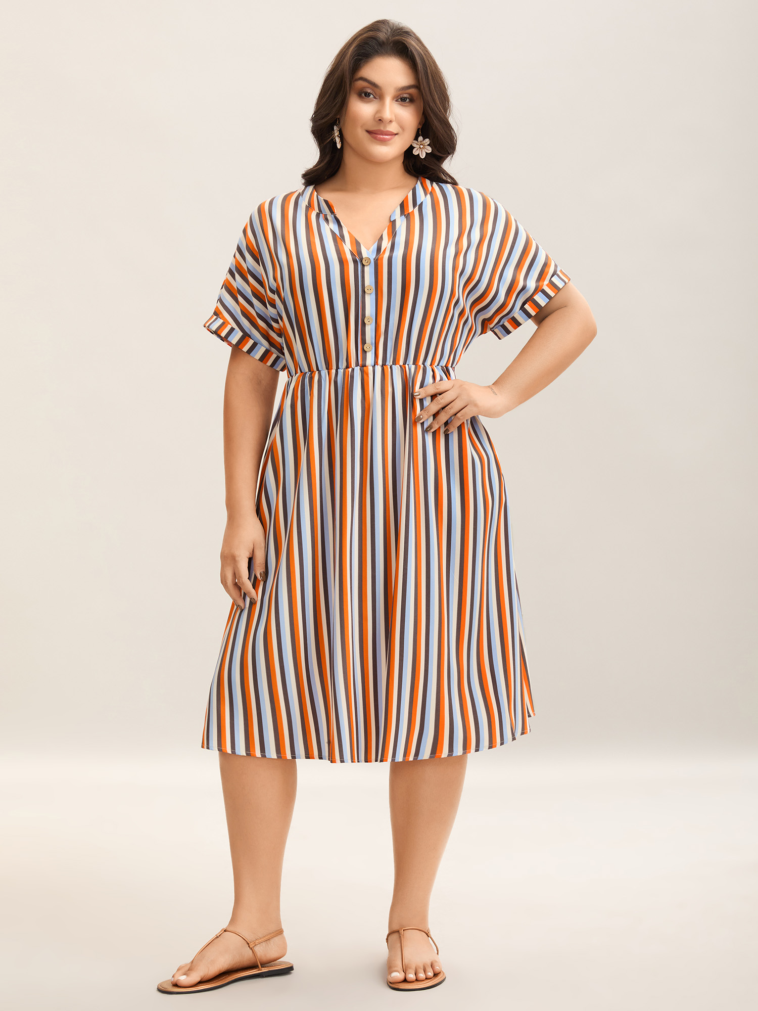 

Plus Size Stripes Notched Collar Pockets Midi Dress Multicolor Women Round Neck Cap Sleeve Curvy BloomChic