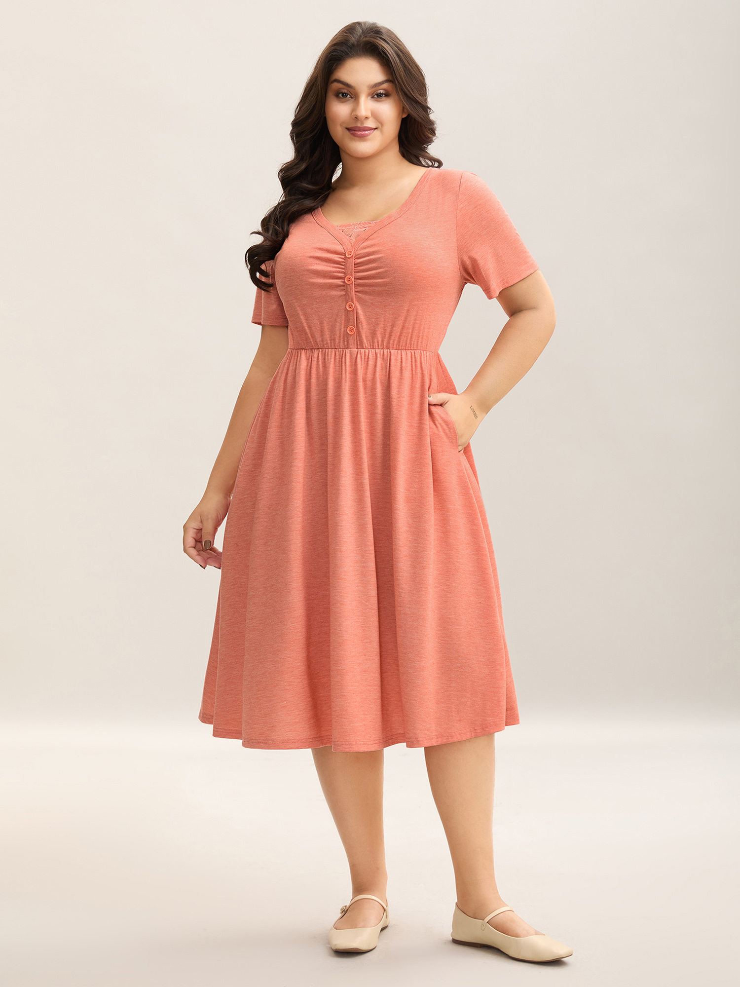 

Plus Size Stretchy Knit Ruched Pockets Midi Dress Salmon Women Knit Dresses Bloomchic