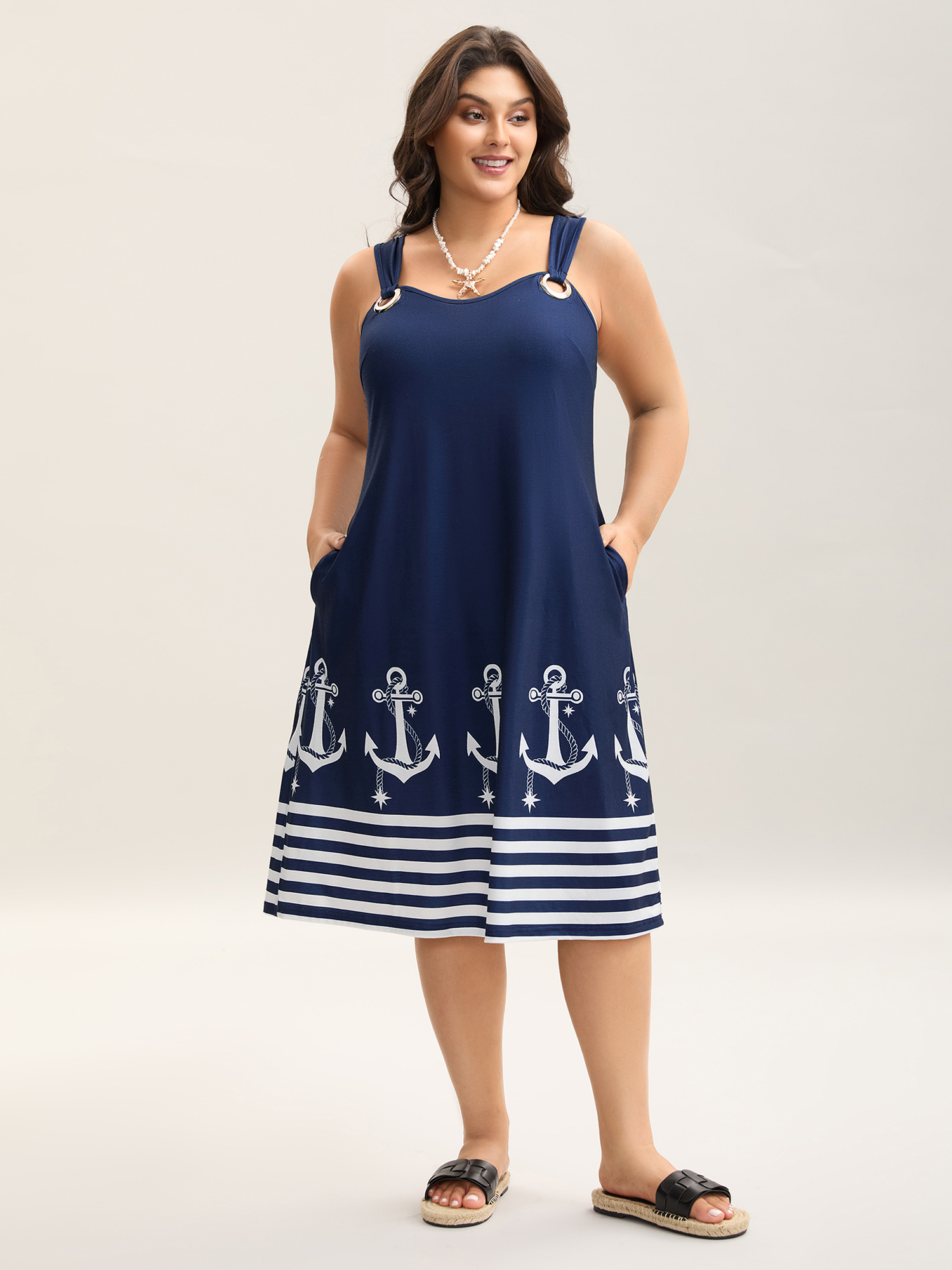 

Plus Size Nautical Print Sleeveless Buckle Midi Dress Navy Women V-neck Sleeveless Curvy BloomChic