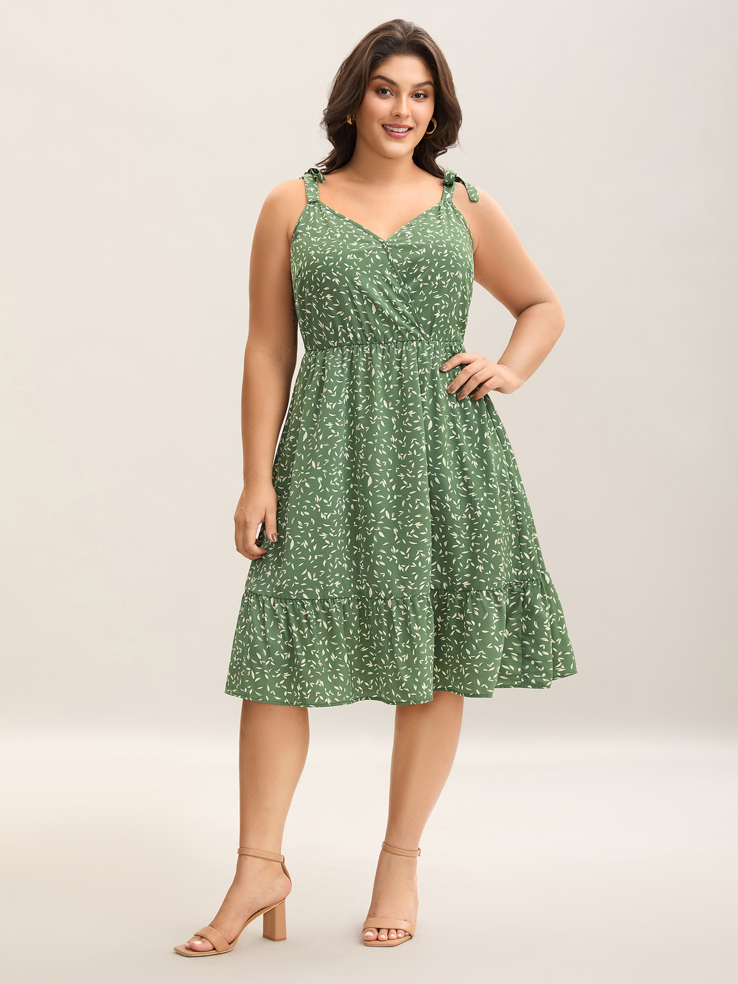 

Plus Size Tiny Petal Print Tied Shoulder Midi Dress Moss Women V-neck Sleeveless Curvy BloomChic