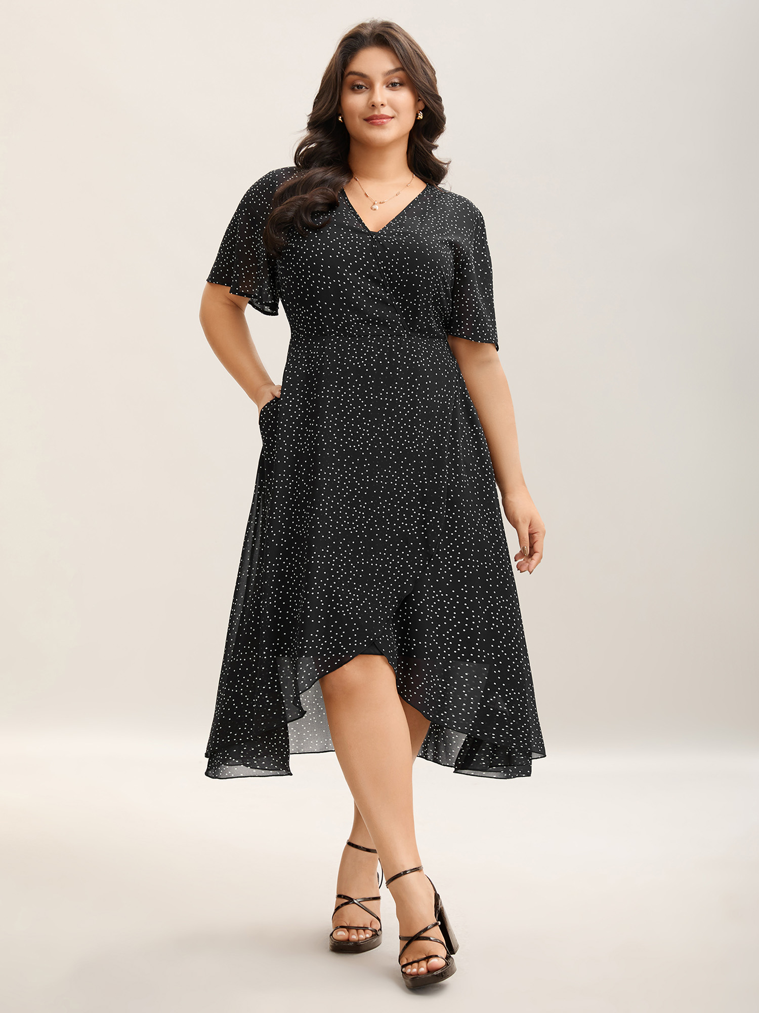 

Plus Size Two Piece Polka Dots Sheer Midi Dress Black Women V-neck Short sleeve Curvy BloomChic