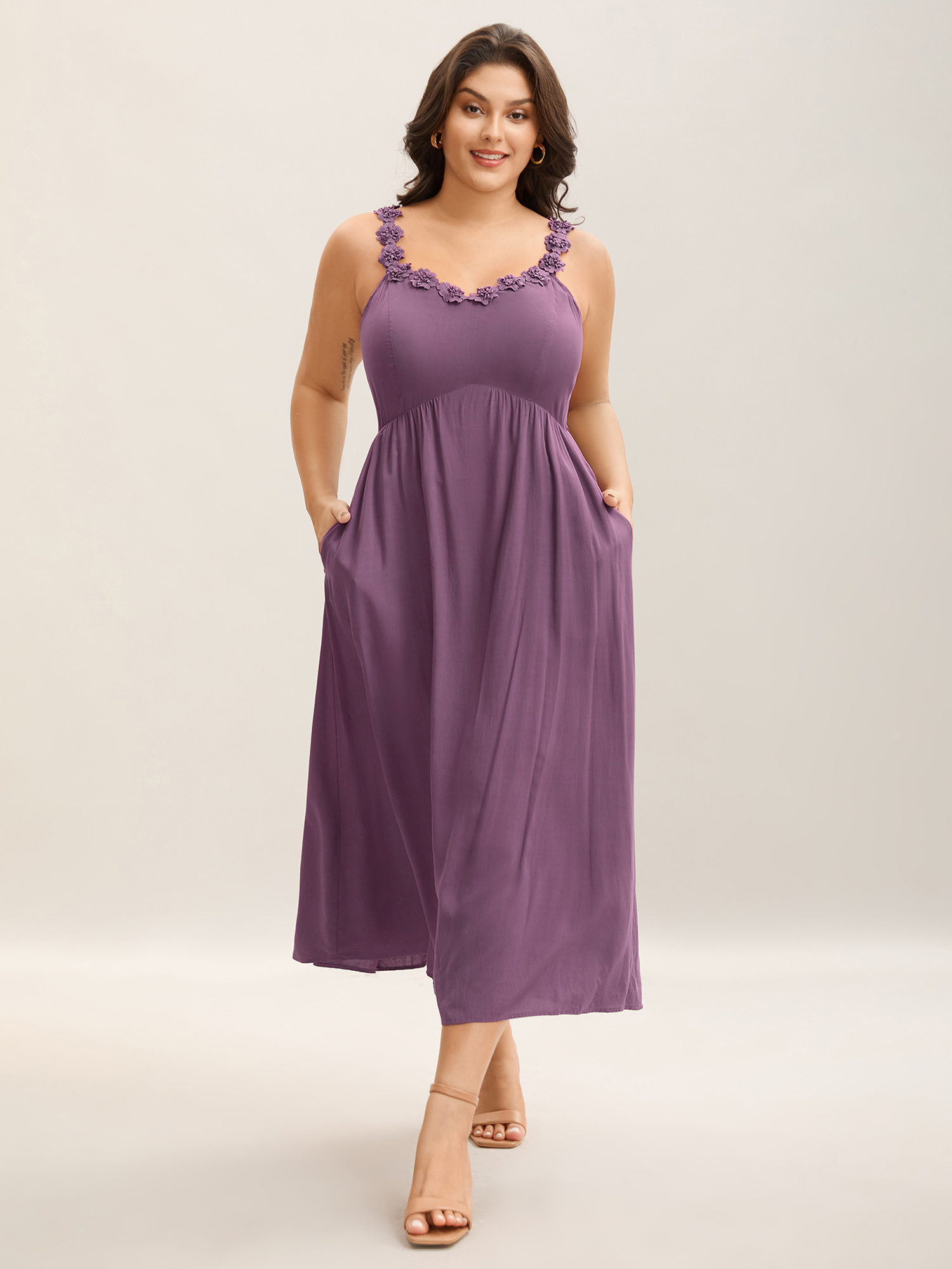 

Plus Size Woven Crochet Floral Neckline Midi Dress Mauve Women V-neck Sleeveless Curvy BloomChic