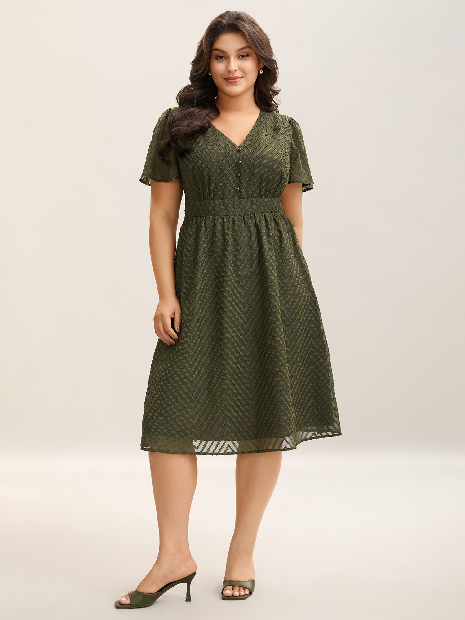 

Plus Size Textured Woven-Like Cinched-Waist Midi Dress ArmyGreen Women V-neck Short sleeve Curvy BloomChic