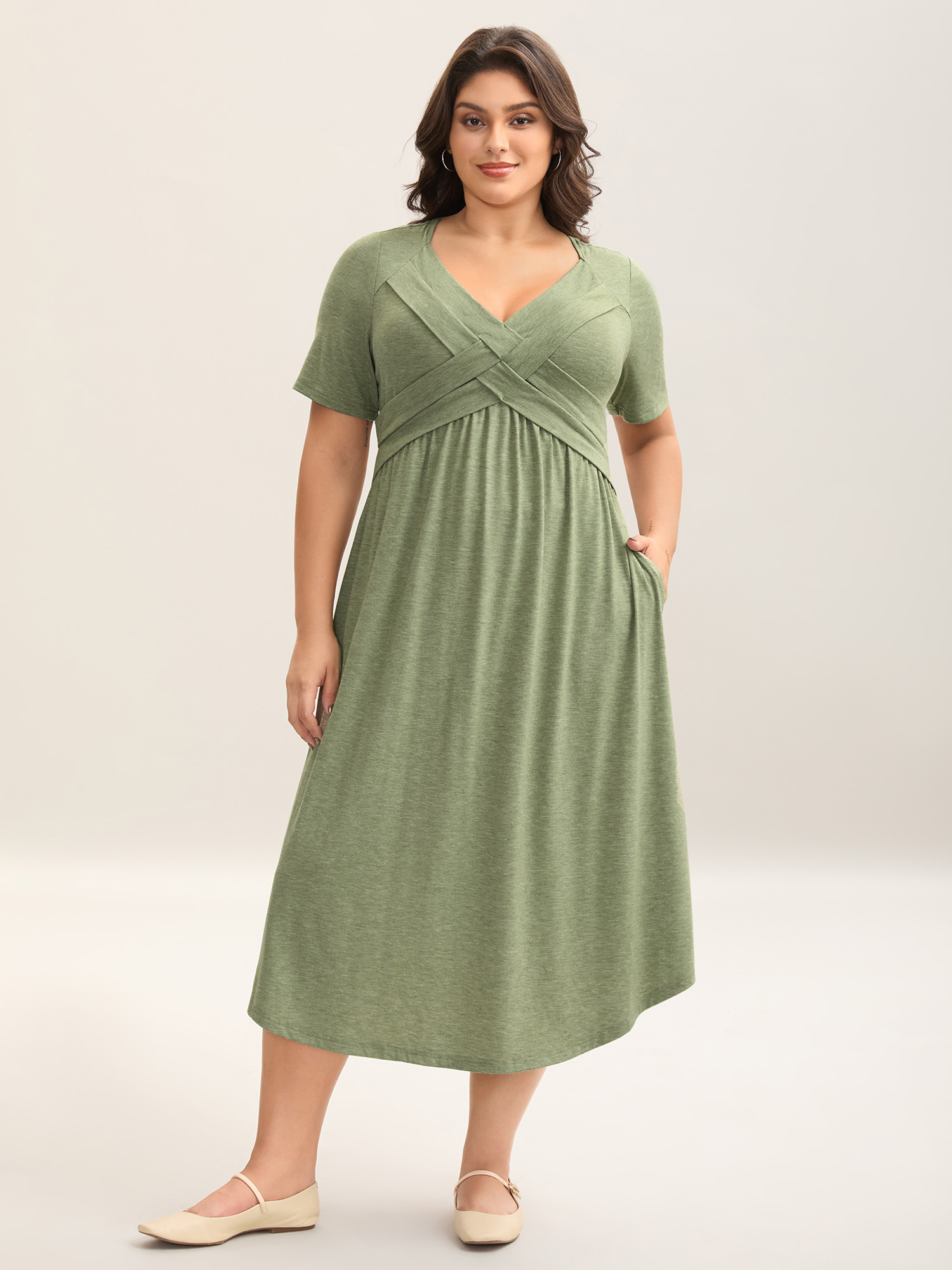 

Plus Size Crossover Bodice Stretchy Heather Midi Dress Sage Women Knit Dresses Bloomchic