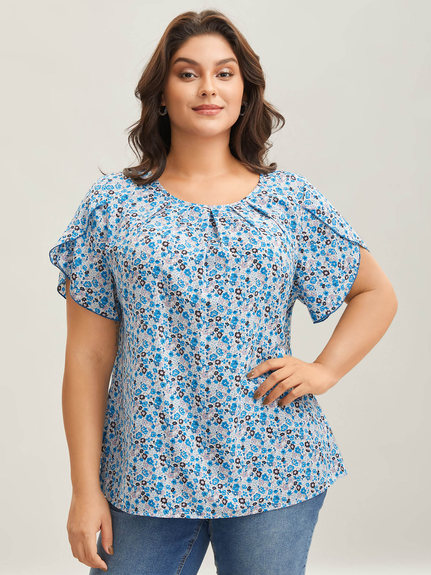 

Plus Size Skyblue Floral Print Petal Sleeve Pleated Neck Blouse Women Short sleeve Round Neck Everyday-Elegant Blouses BloomChic