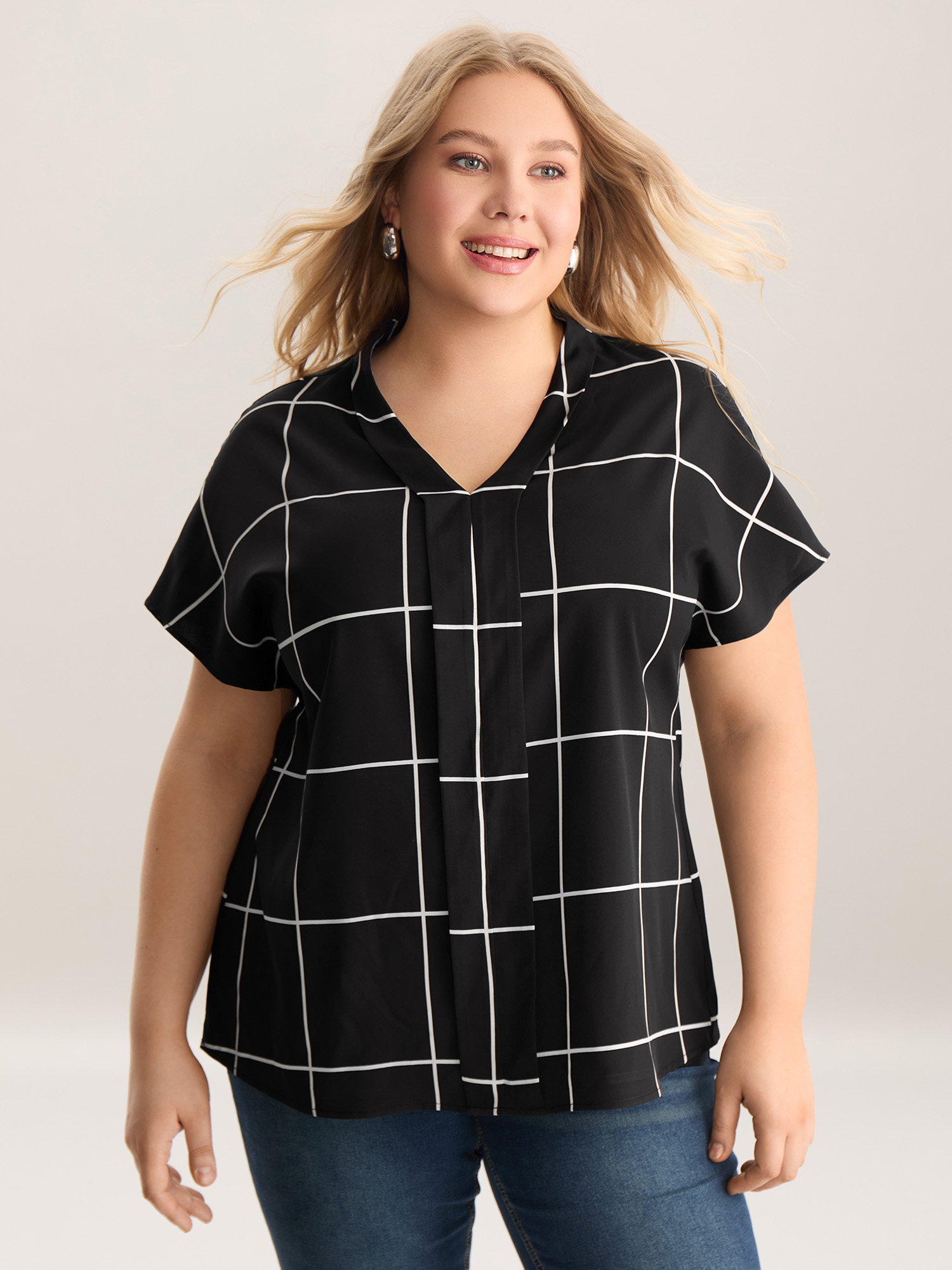 

Plus Size Black Plaid Pattern Woven Placket Blouse Women Short sleeve V-neck Work Blouses BloomChic