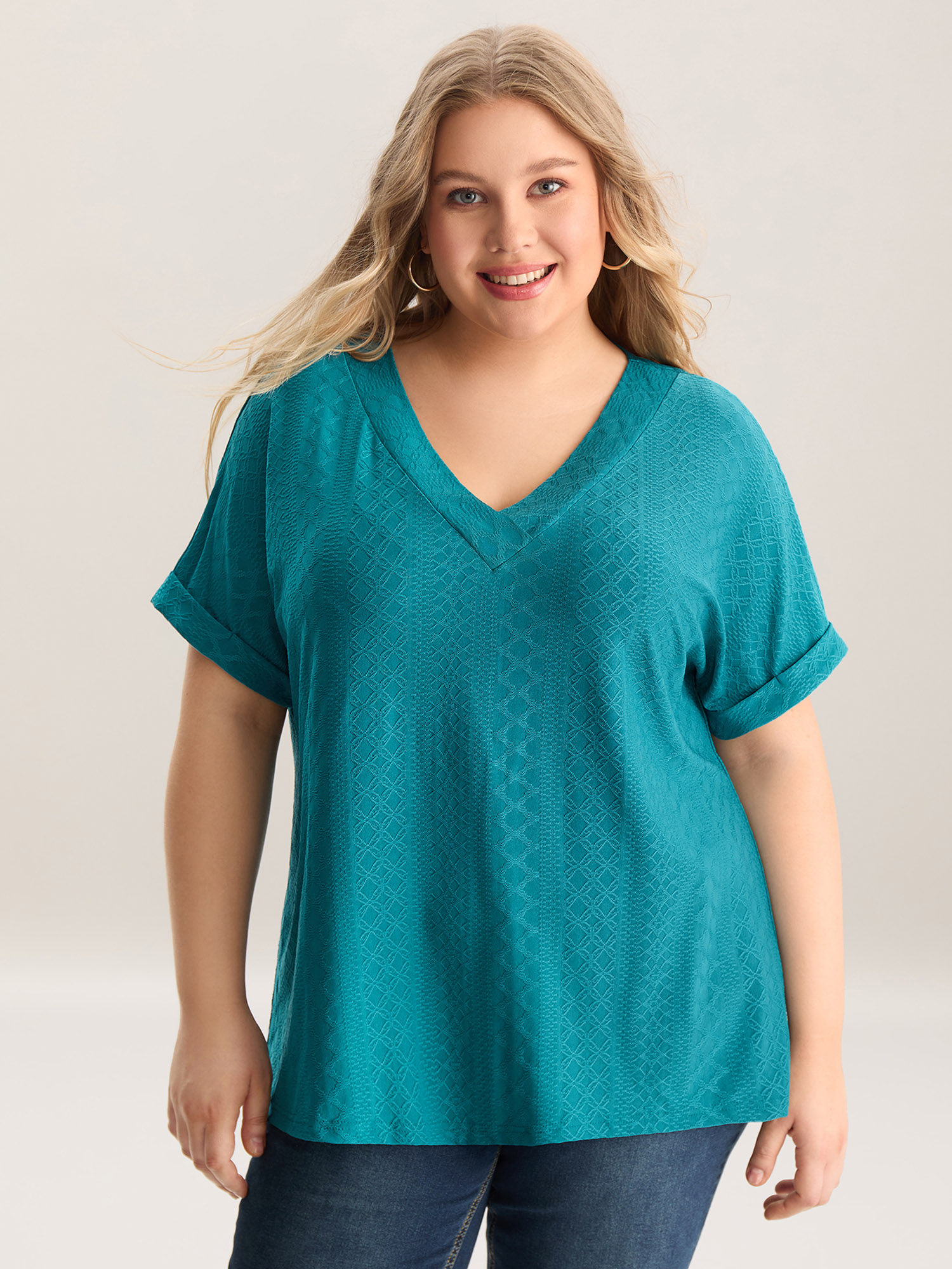 

Plus Size Stretchy Textured Relaxed-Fit Plain Top Teal V-neck Short sleeve Jersey Tops