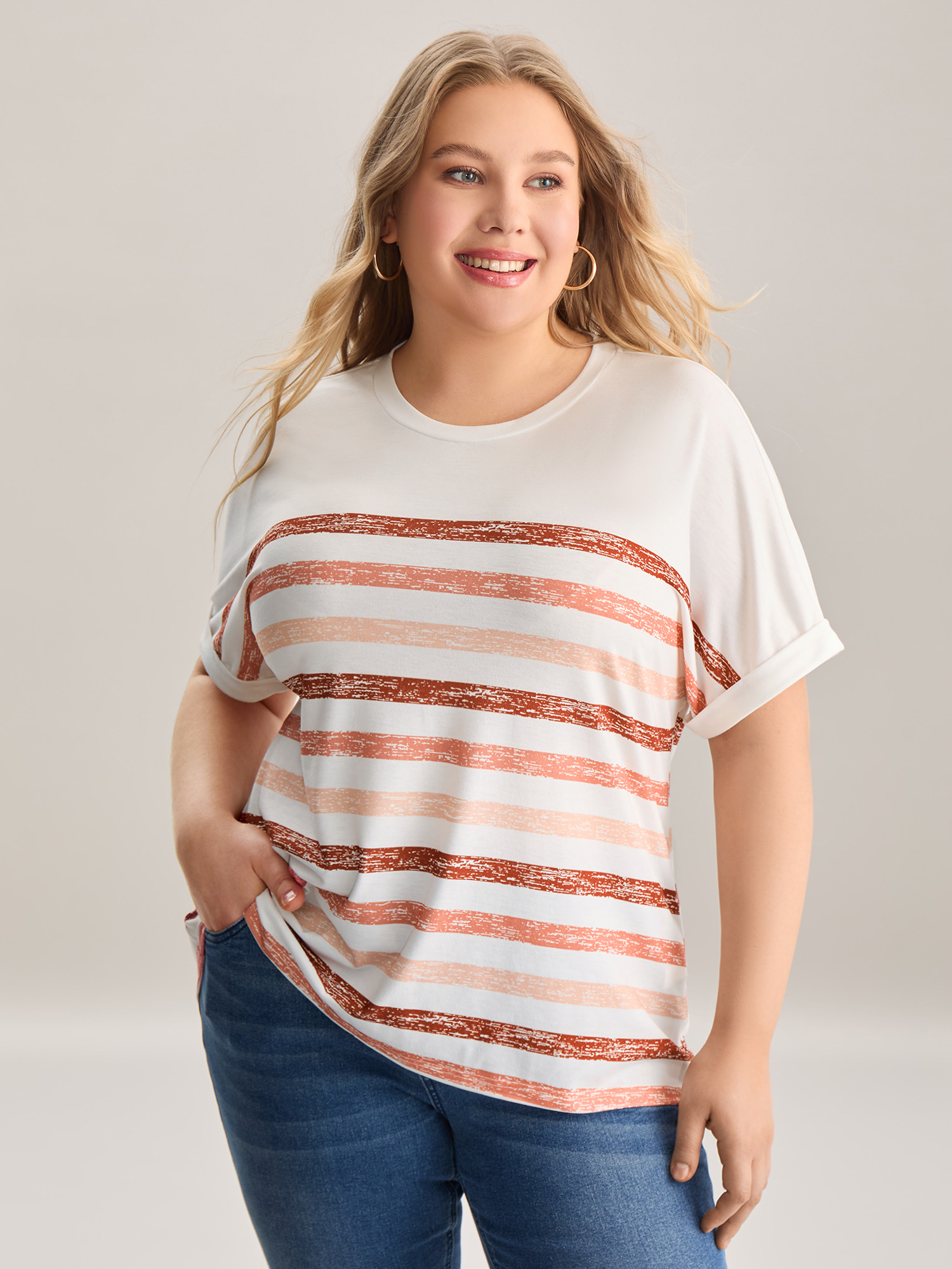 

Plus Size Colorful Stripes Stretchy Crewneck T-Shirt WhiteSmoke Women Contrast Round Neck Everyday-Casual T-shirts BloomChic