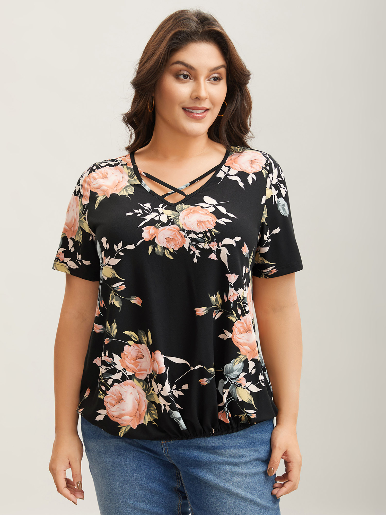 

Plus Size Stretchy Larger Flower Print Neck Tie T-Shirt BlackFlower Women Contrast V-neck Everyday-Elegant T-shirts BloomChic