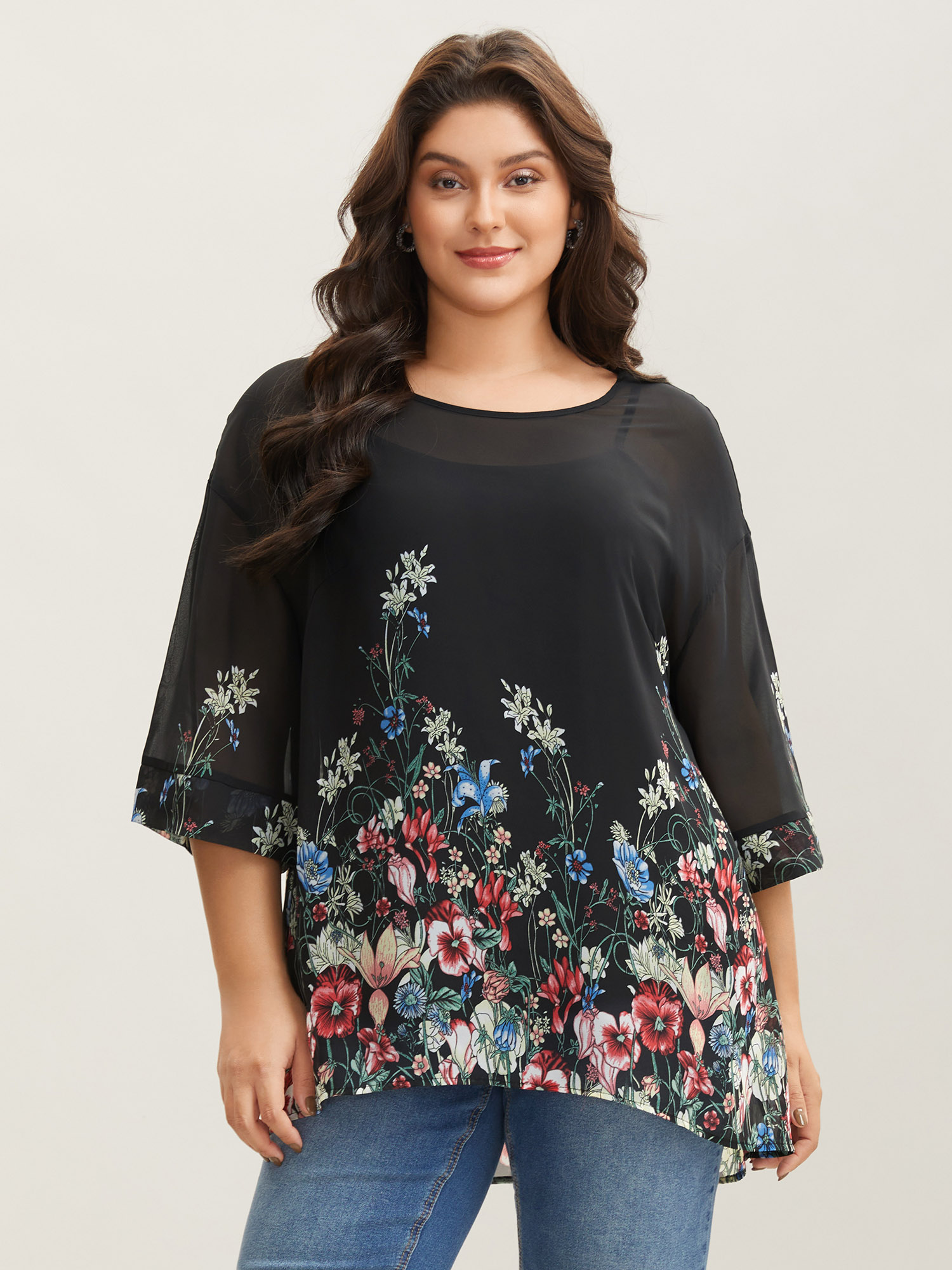 

Plus Size Black Floral Print Sheer Round Neck Blouse Women Elbow-length sleeve Round Neck Everyday-Elegant Blouses BloomChic