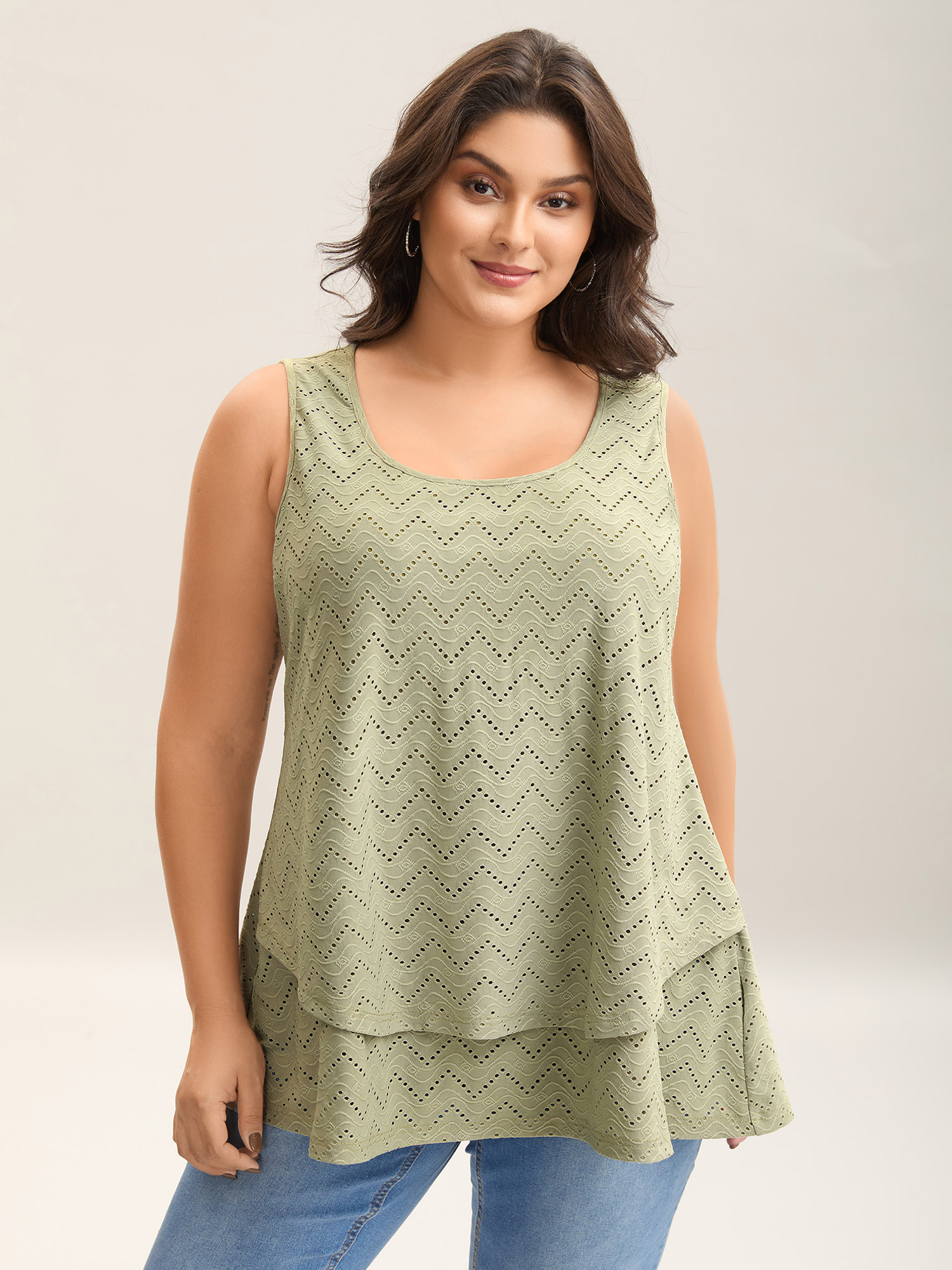 

Plus Size Textured Layered Hem Tank Top Women Sage Texture Round Neck Everyday-Casual Tank Tops Camis BloomChic