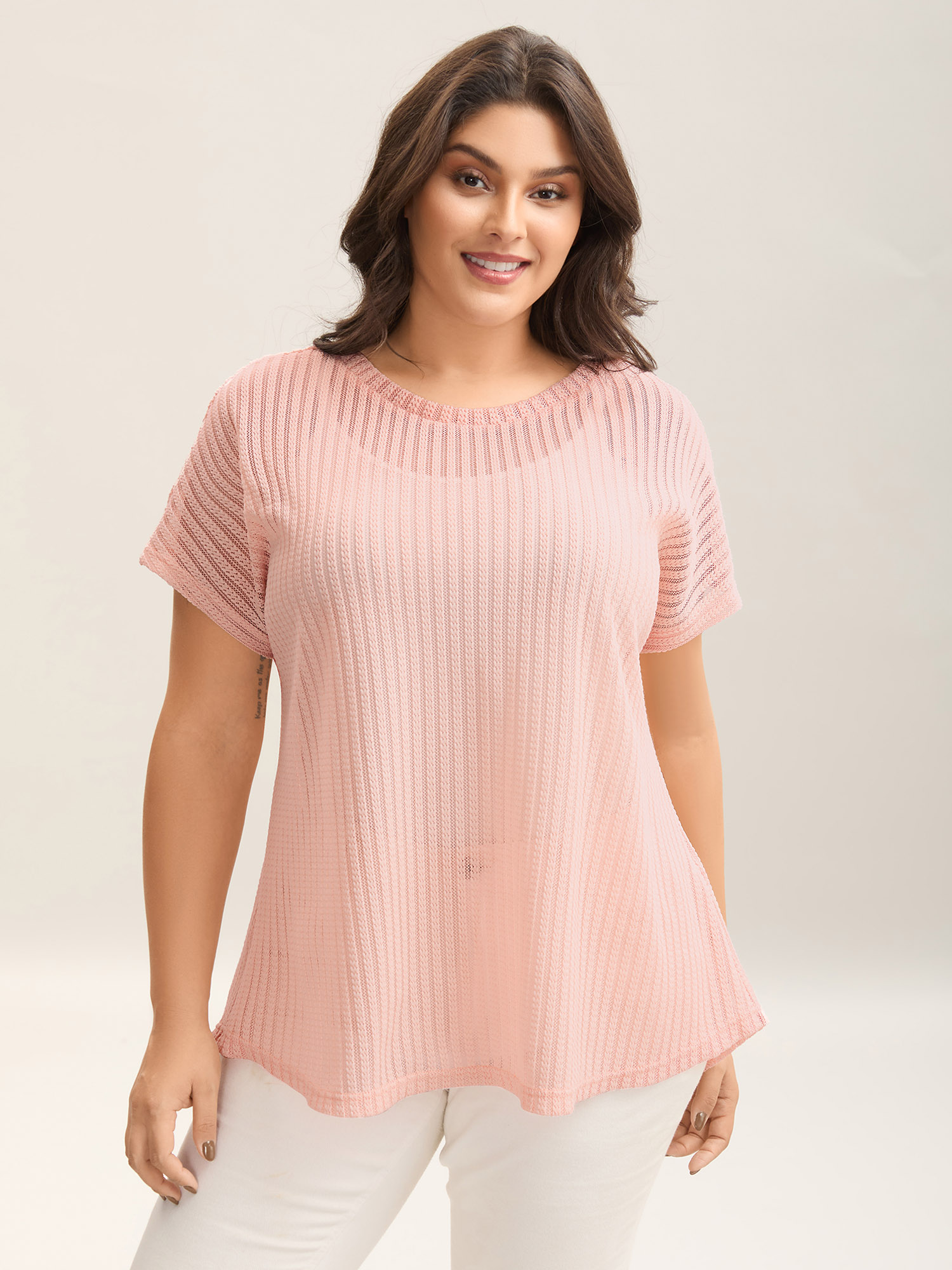 

Plus Size Sheer Stretchy Knit Crewneck Top Nudepink Round Neck Short sleeve Jersey Tops