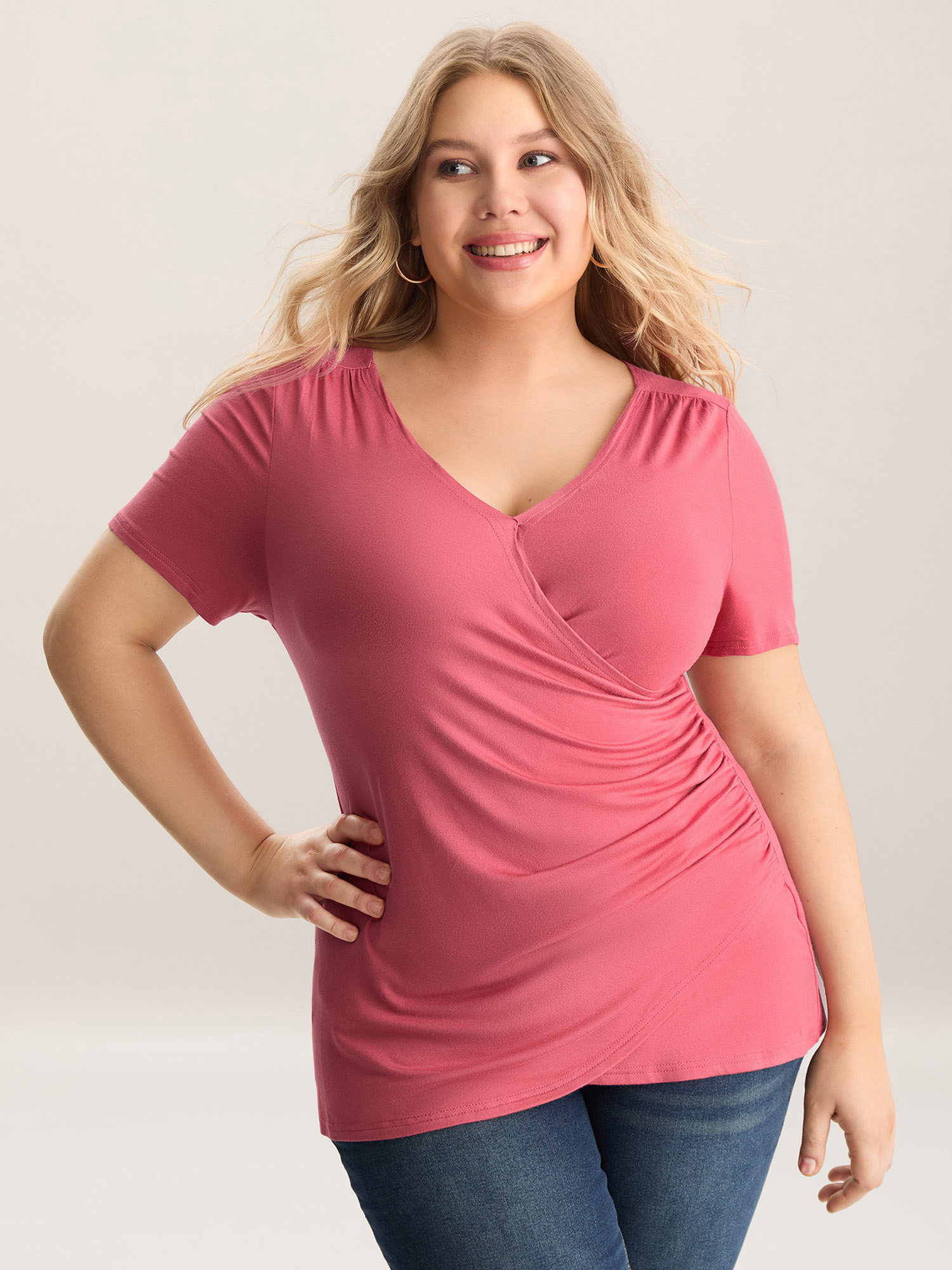 

Plus Size Supersoft Wrap Fitted Plain Knit Top Beanpastepowder Overlap Collar Short sleeve Jersey Tops