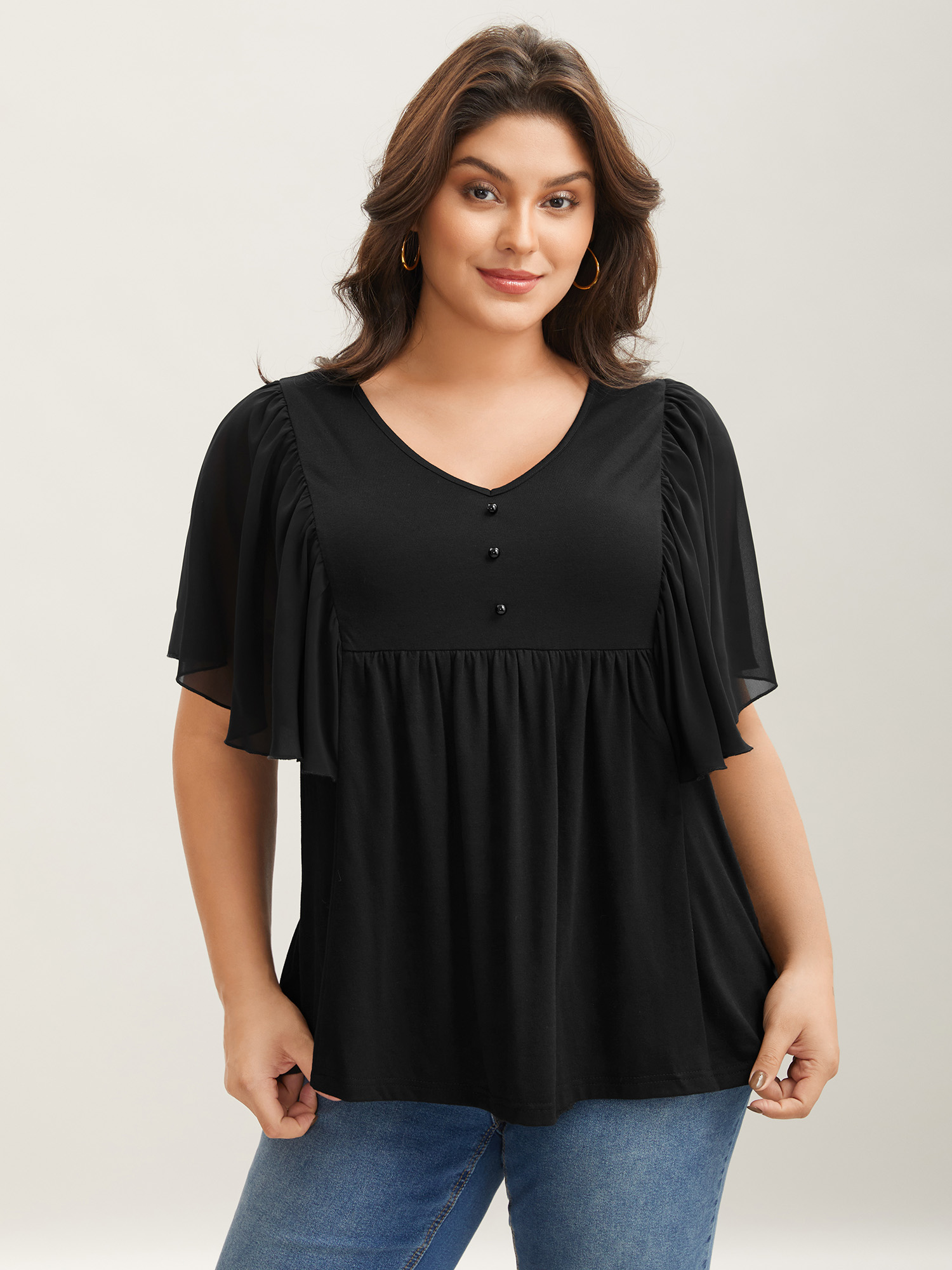 

Plus Size Ruffle Sheer Sleeve Pleated Plain Top Black V-neck Short sleeve Jersey Tops