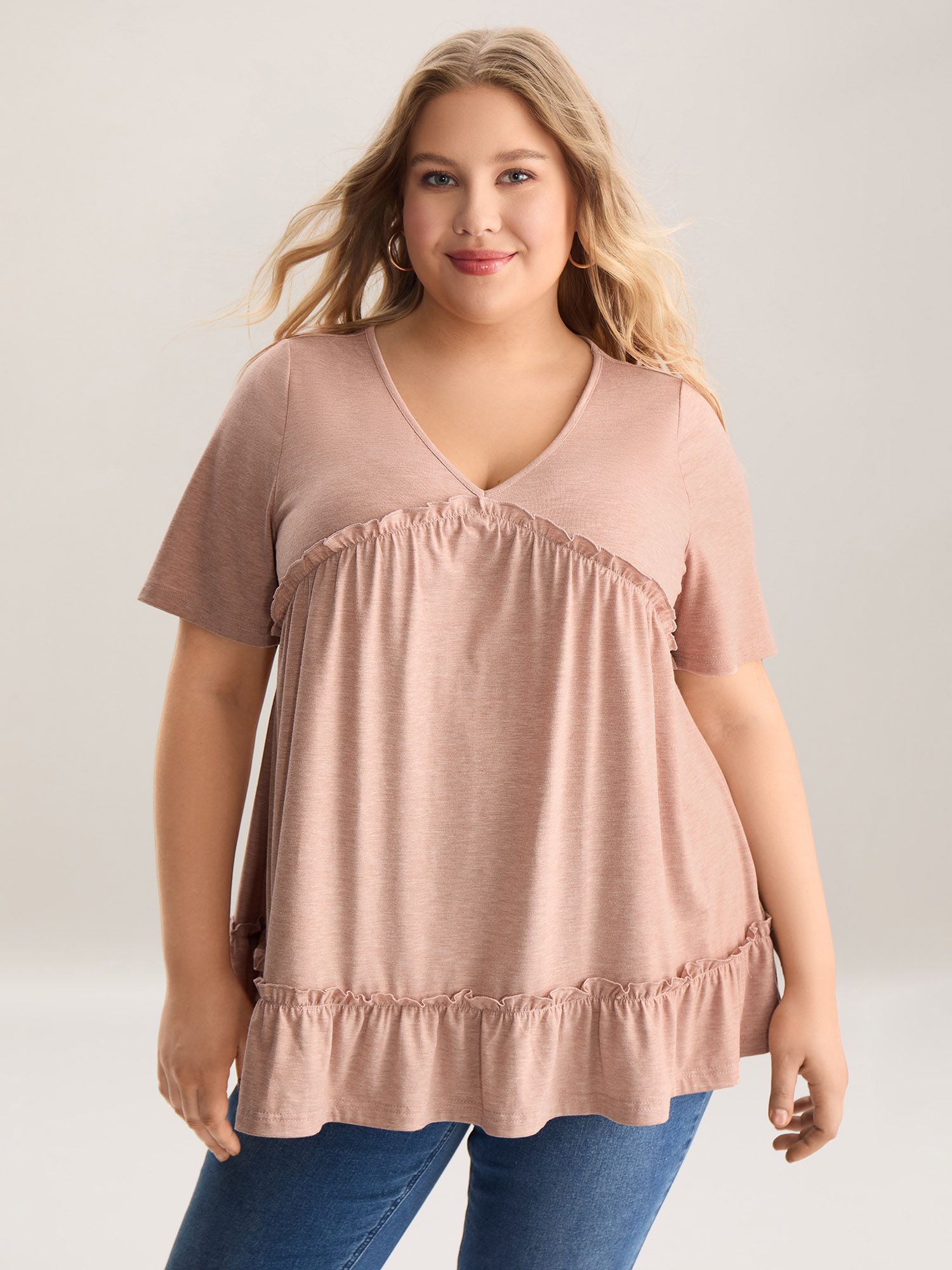 

Plus Size Petal Trim Ruffled Hem Tiered T-Shirt Dirtypink Women Gathered V-neck Everyday-Casual T-shirts BloomChic