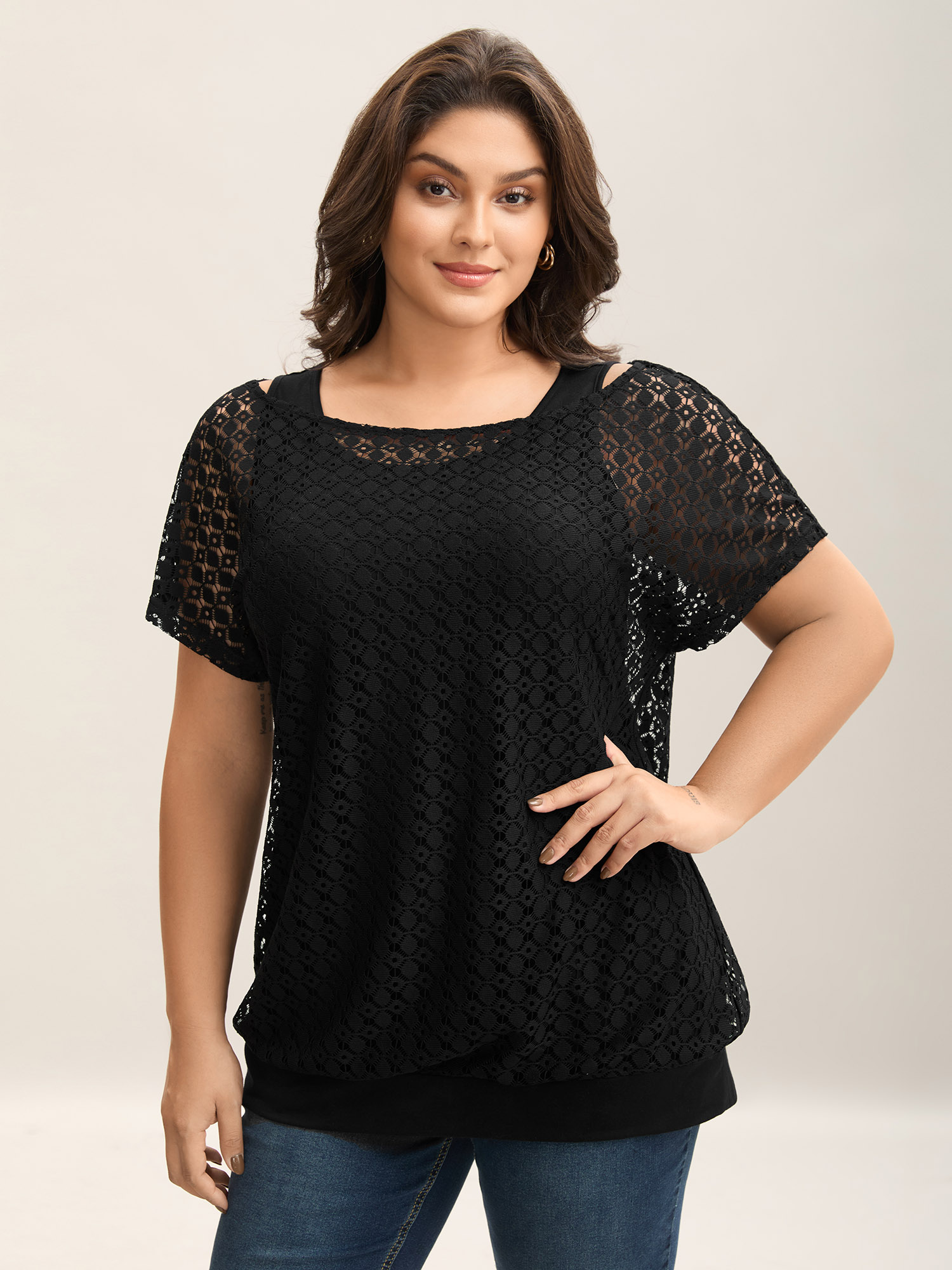 

Plus Size 2-in-1 Cut-Out Plain Knit Top Black Boat Neck Short sleeve Jersey Tops