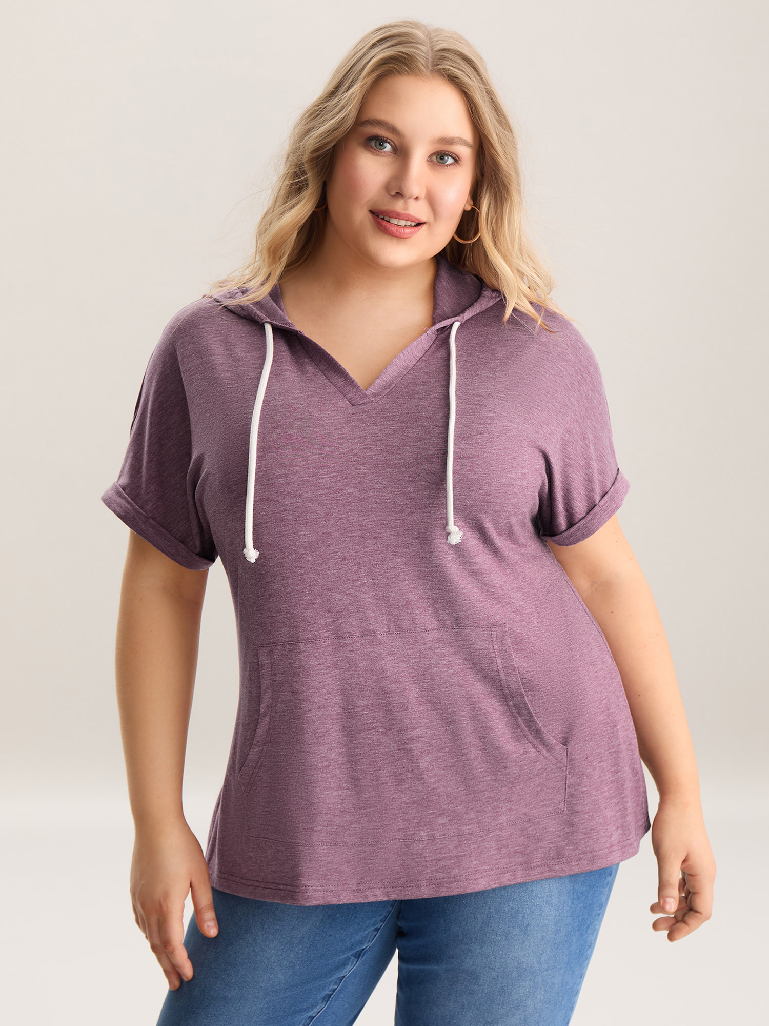 

Plus Size Hooded Pockets Ties Plain T-Shirt Mauve Women Roll Hem Turtleneck Everyday-Casual T-shirts BloomChic