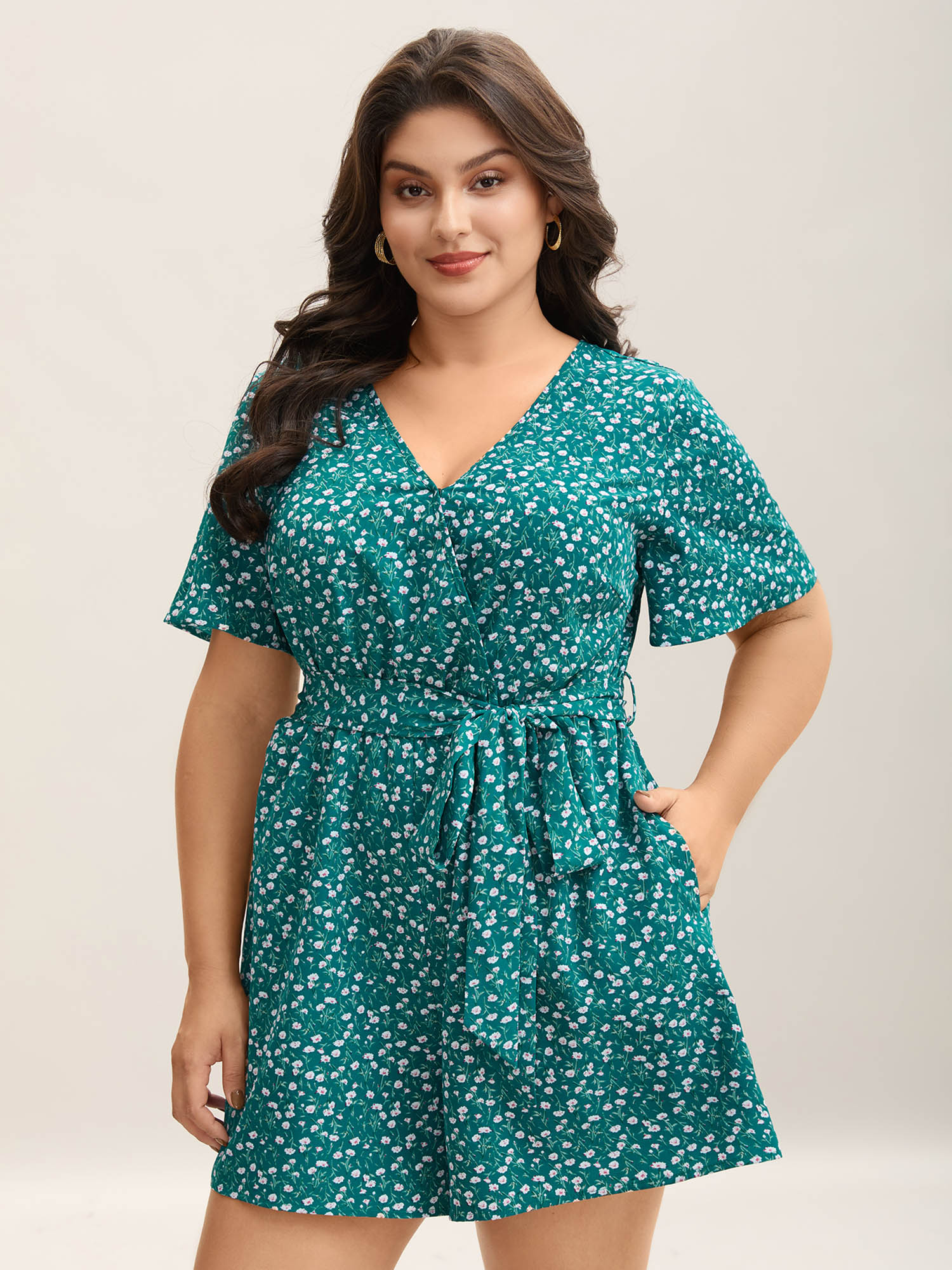 

Plus Size Floral Print Stretchy Waist-Tie Romper Teal Side seam pocket Everyday-Elegant  Rompers Bloomchic