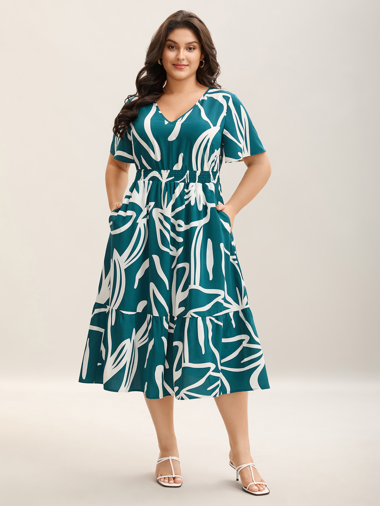 

Plus Size Large Flower Print Shirred Waist Midi Dress Teal Women V-neck Short sleeve Curvy BloomChic