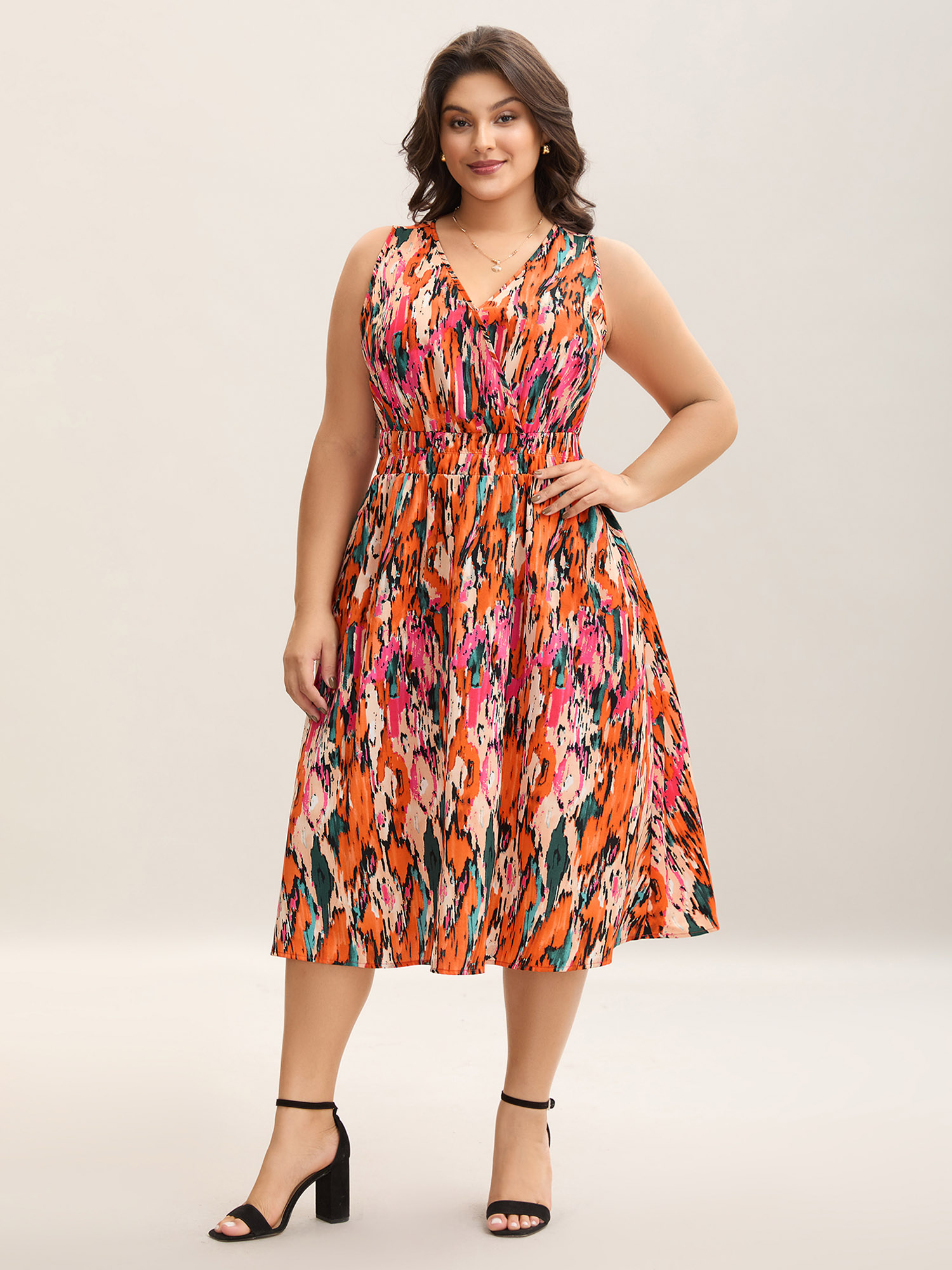 

Plus Size Spring Fling Shirred Waist Pockets Midi Dress OrangeRed Women Overlap Collar Sleeveless Curvy BloomChic