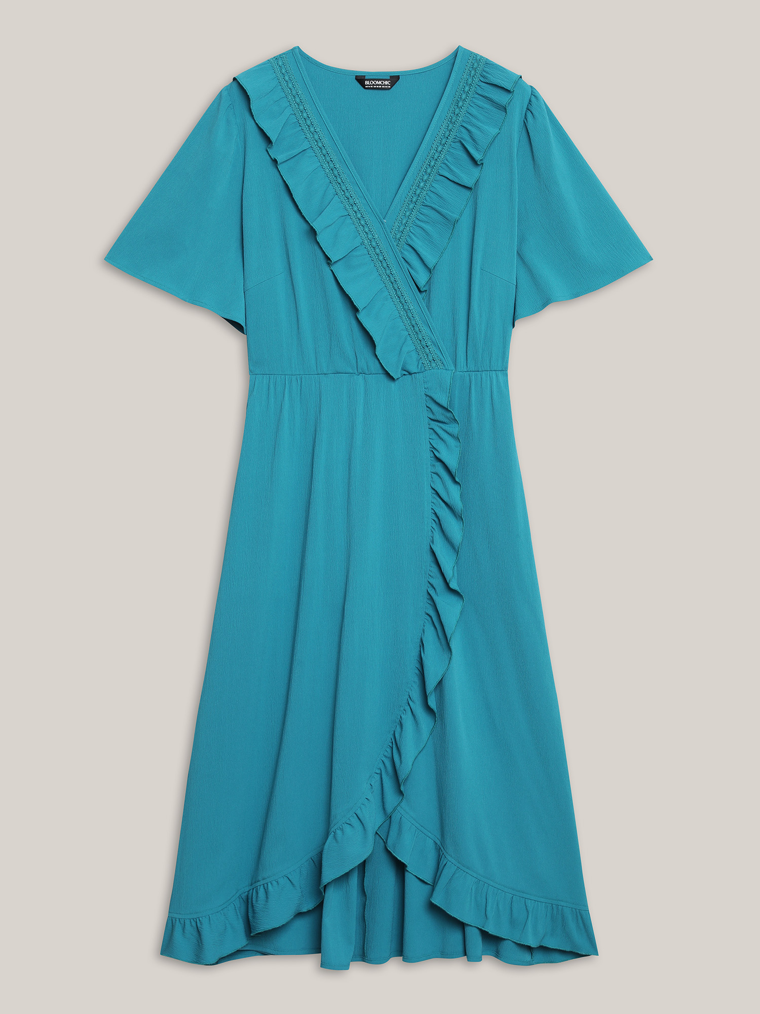 

Plus Size Ruffled Lace Trim Pockets Plain Midi Dress Cerulean Women Overlap Collar Short sleeve Curvy BloomChic