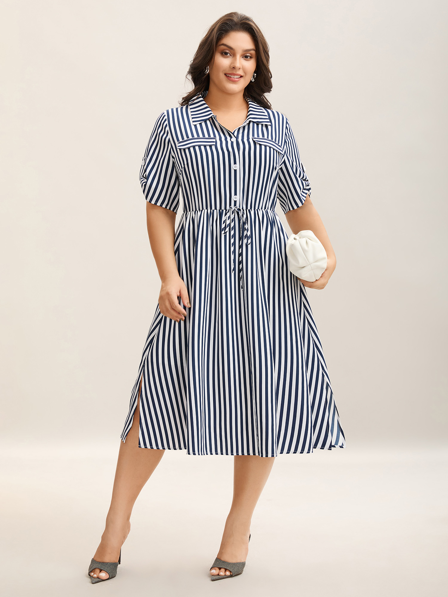 

Plus Size Striped Print Waist-Tie Button Midi Dress Indigo Women Shirt collar Half Sleeve Curvy BloomChic