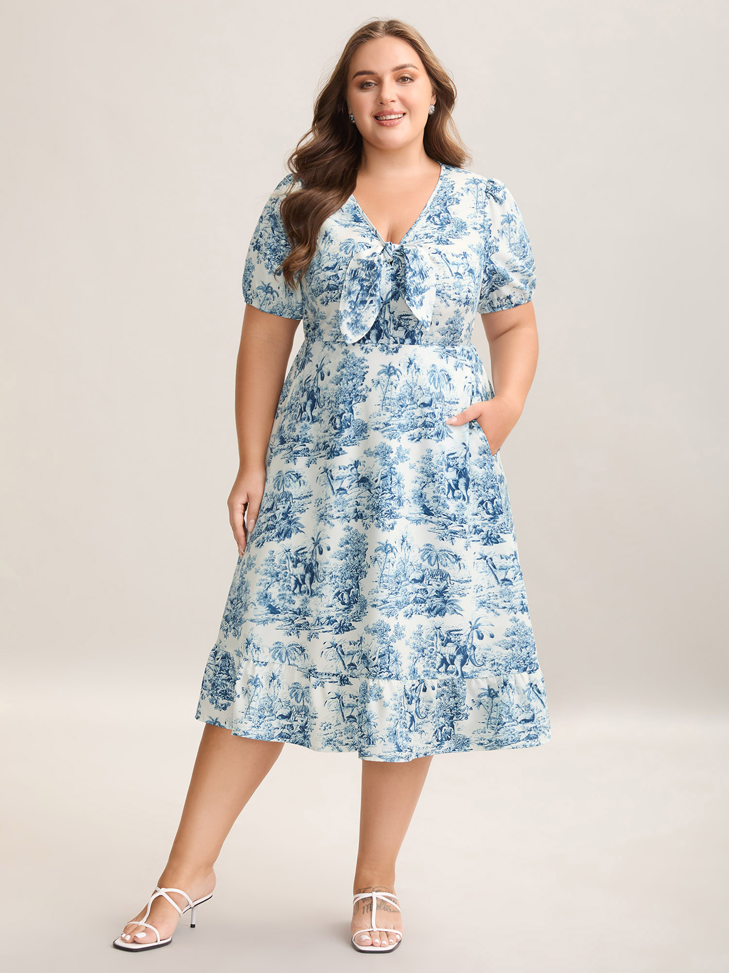 

Plus Size Forest Print Knotted Front Pockets Midi Dress Cerulean Women V-neck Half Sleeve Curvy BloomChic