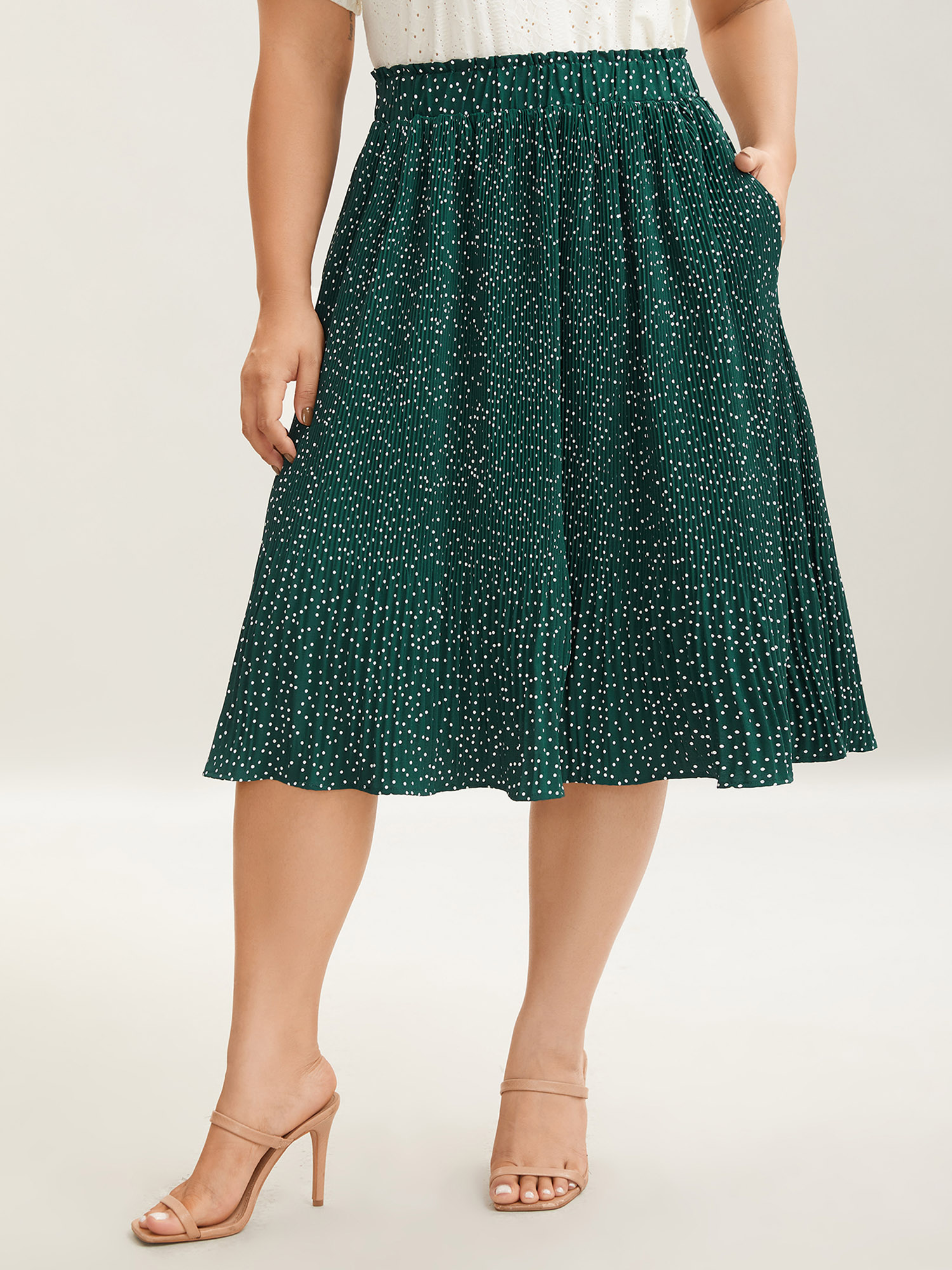 

Plus Size Fine Dots Print Smocked Waist Midi Skirt Women DarkGreen Elegant Pleated Bodycon Low stretch Side seam pocket Everyday-Elegant Skirts BloomChic