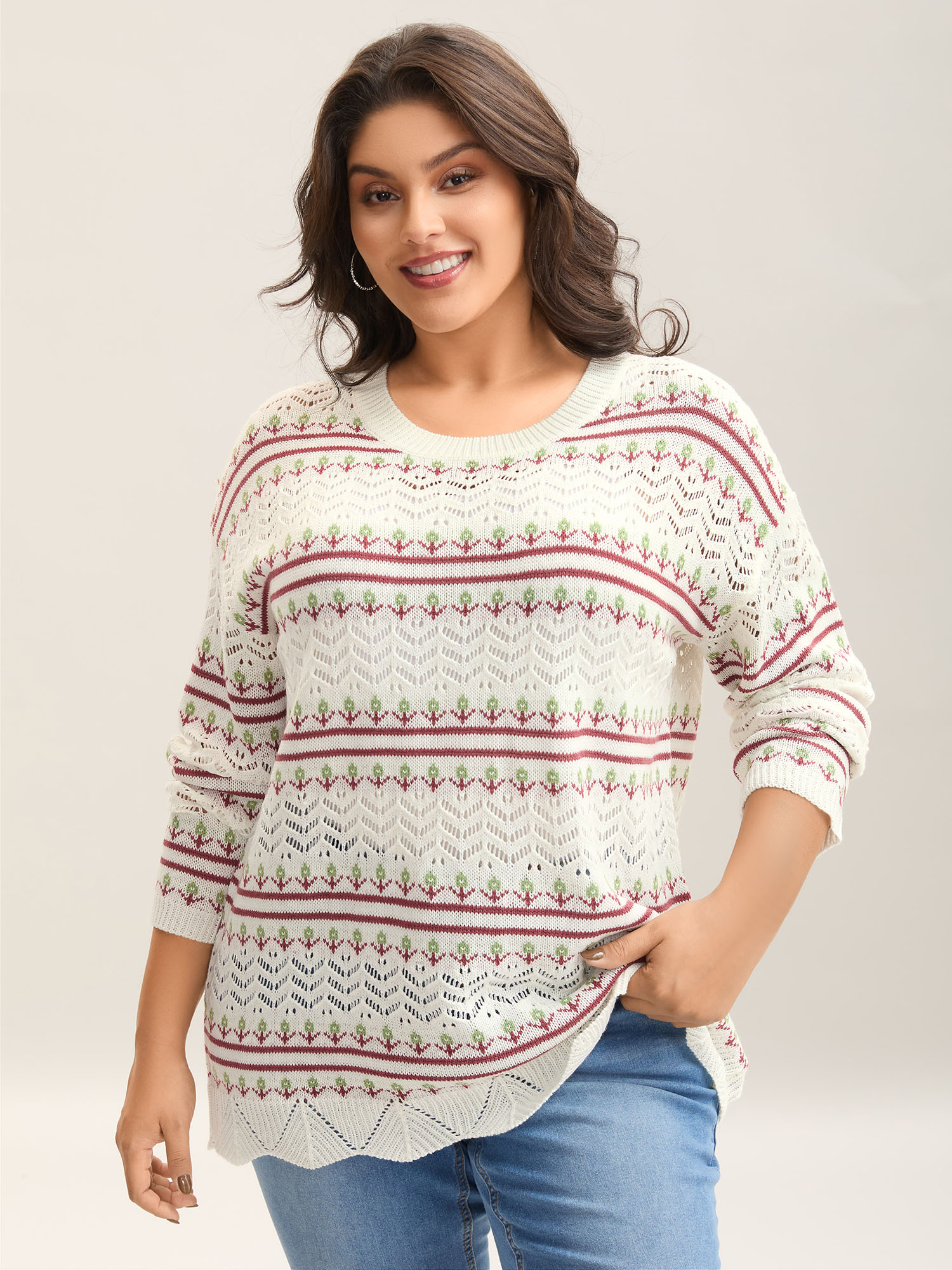 

Plus Size Jacquard Pattern Crew Neck Ribbed Pullover Ivory Women Casual Loose Long Sleeve Round Neck Everyday-Casual Pullovers BloomChic