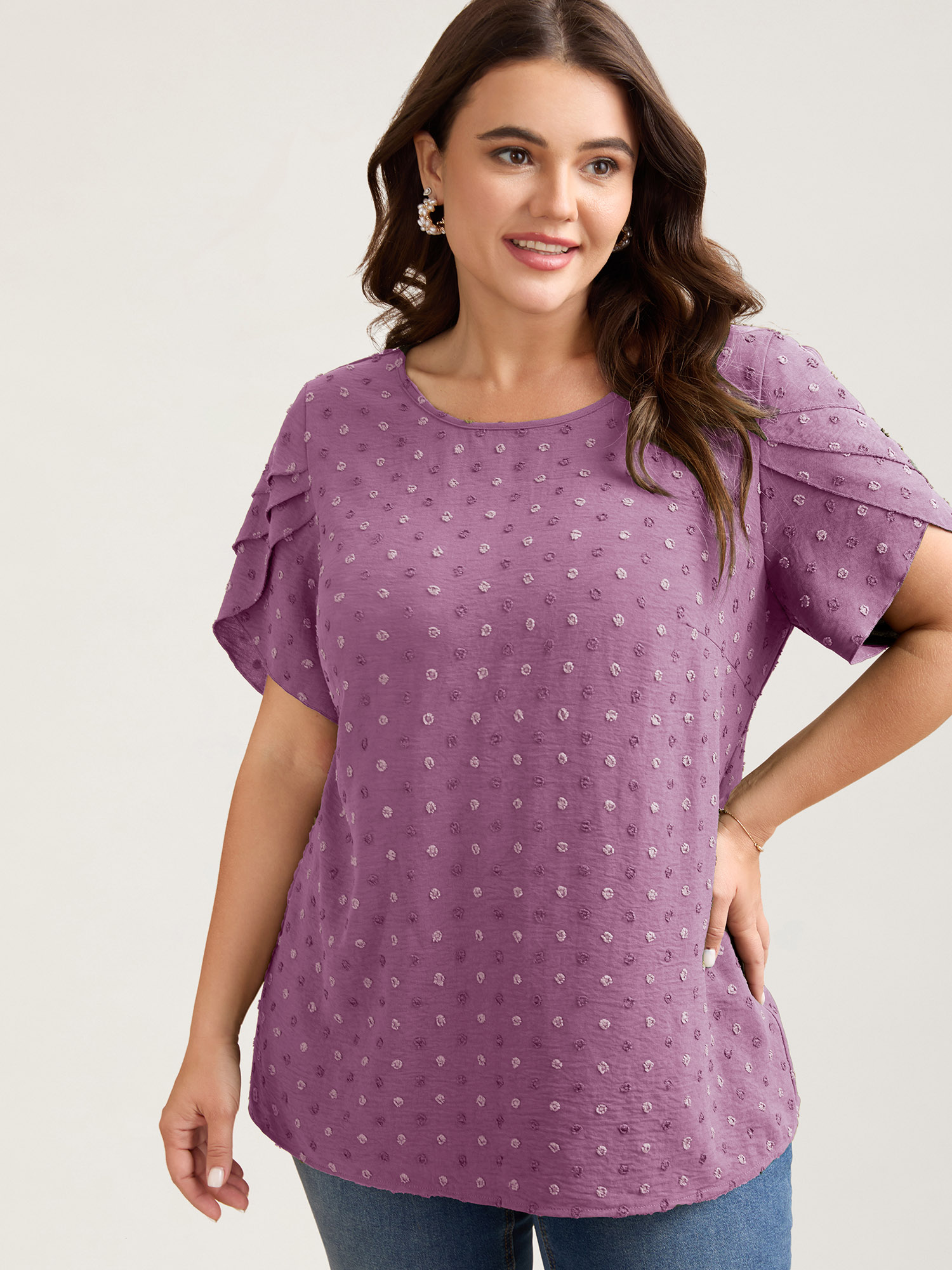 

Plus Size Lilac Textured Color Contrast Petal Sleeve Blouse Women Elegant Short sleeve Round Neck Everyday Blouses BloomChic