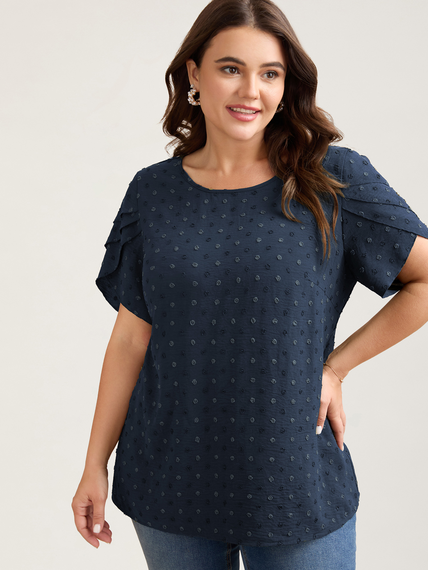 

Plus Size Indigo Textured Color Contrast Petal Sleeve Blouse Women Elegant Short sleeve Round Neck Everyday Blouses BloomChic