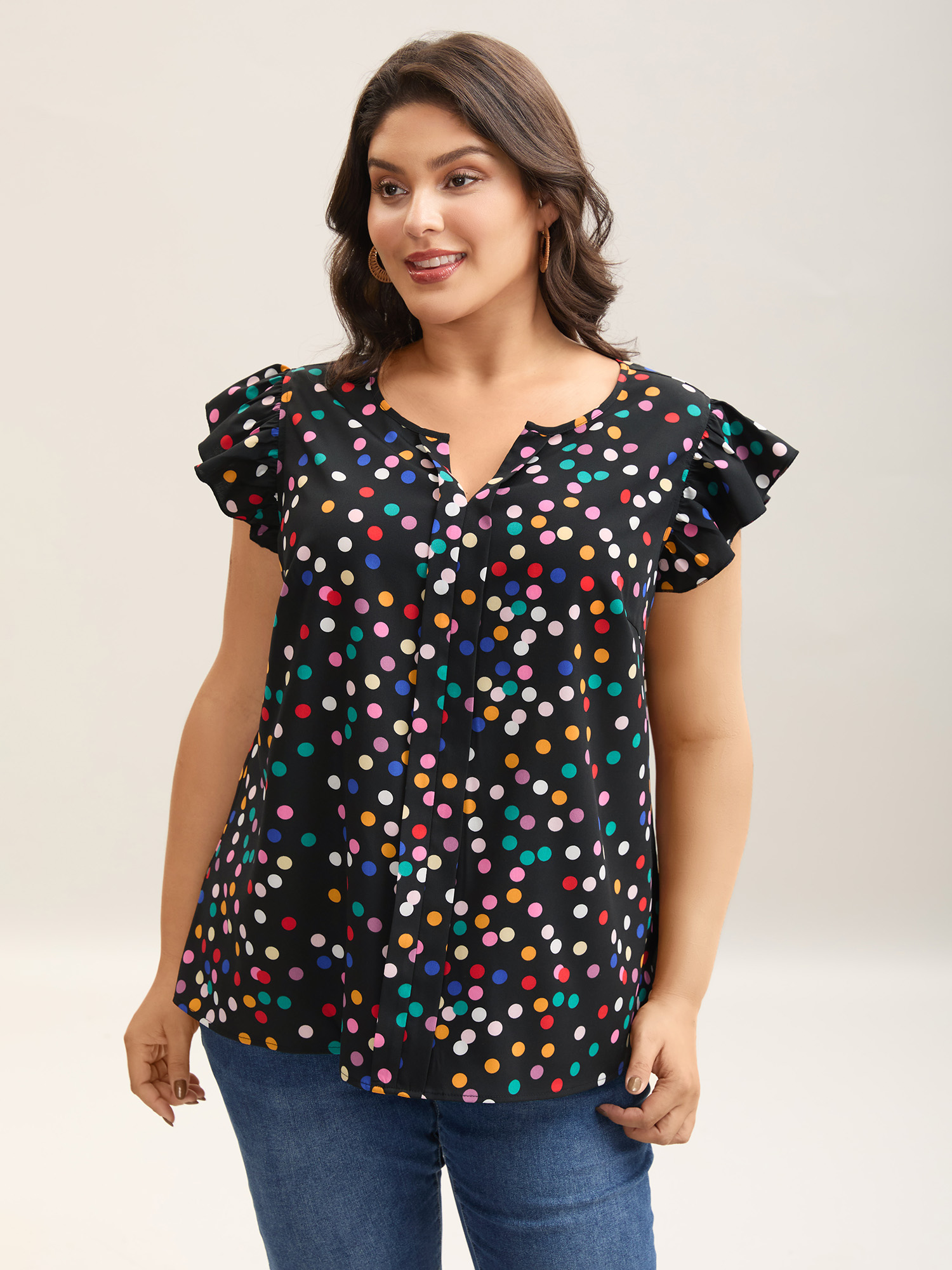 

Plus Size Black Rayon Polka Dot Flutter Sleeve Blouse Women Resort Cap Sleeve Non Vacation Blouses BloomChic