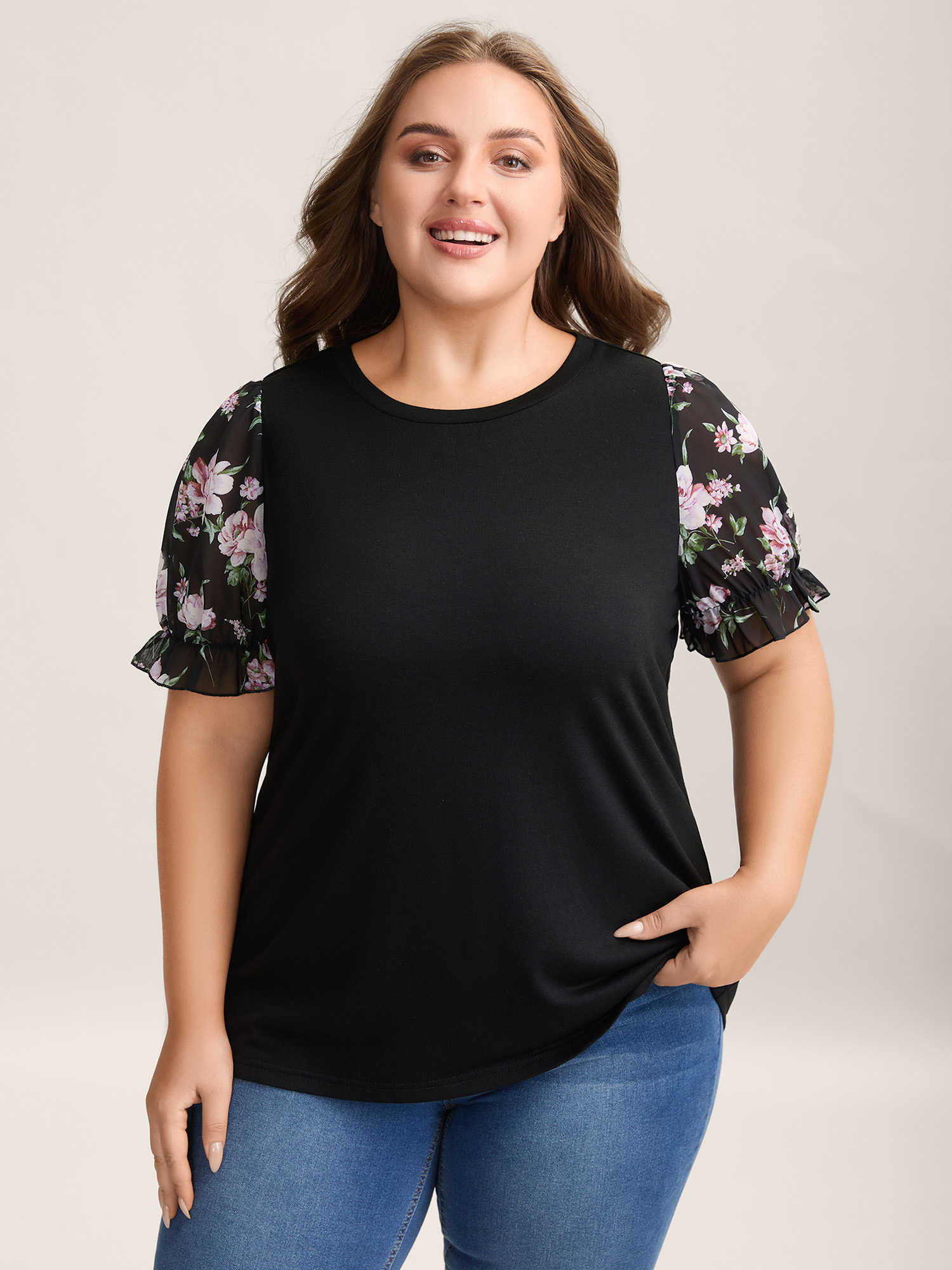 Bloomchic Women's Plus Size Printed Puff Sleeve Crew Neck T-shirt Black Floral Everyday Short Sleeve 10/m