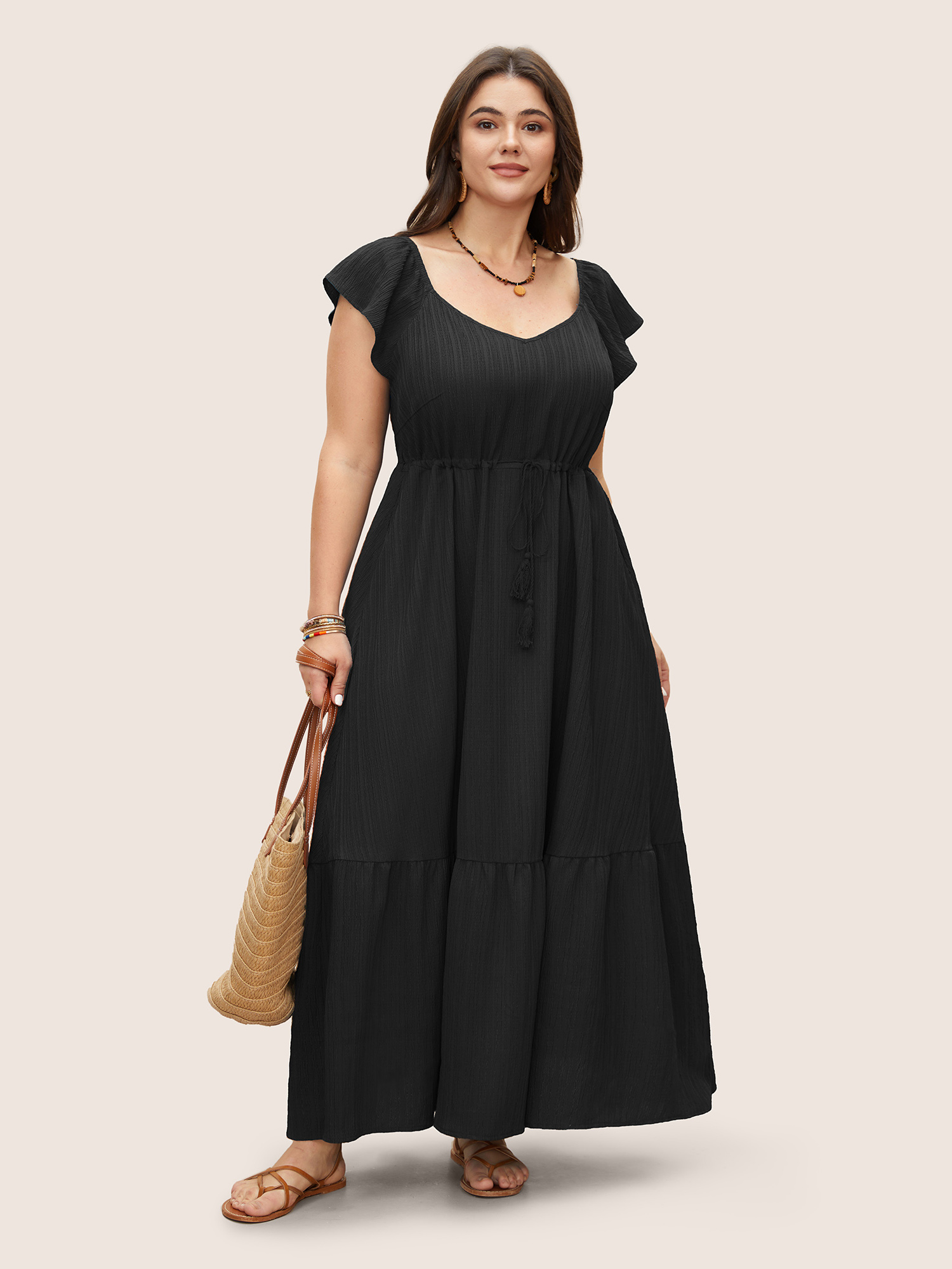 

Plus Size Texture Drawstring Tie Knot Tassels Dress Black Women Resort Tie knot V-neck Cap Sleeve Curvy BloomChic