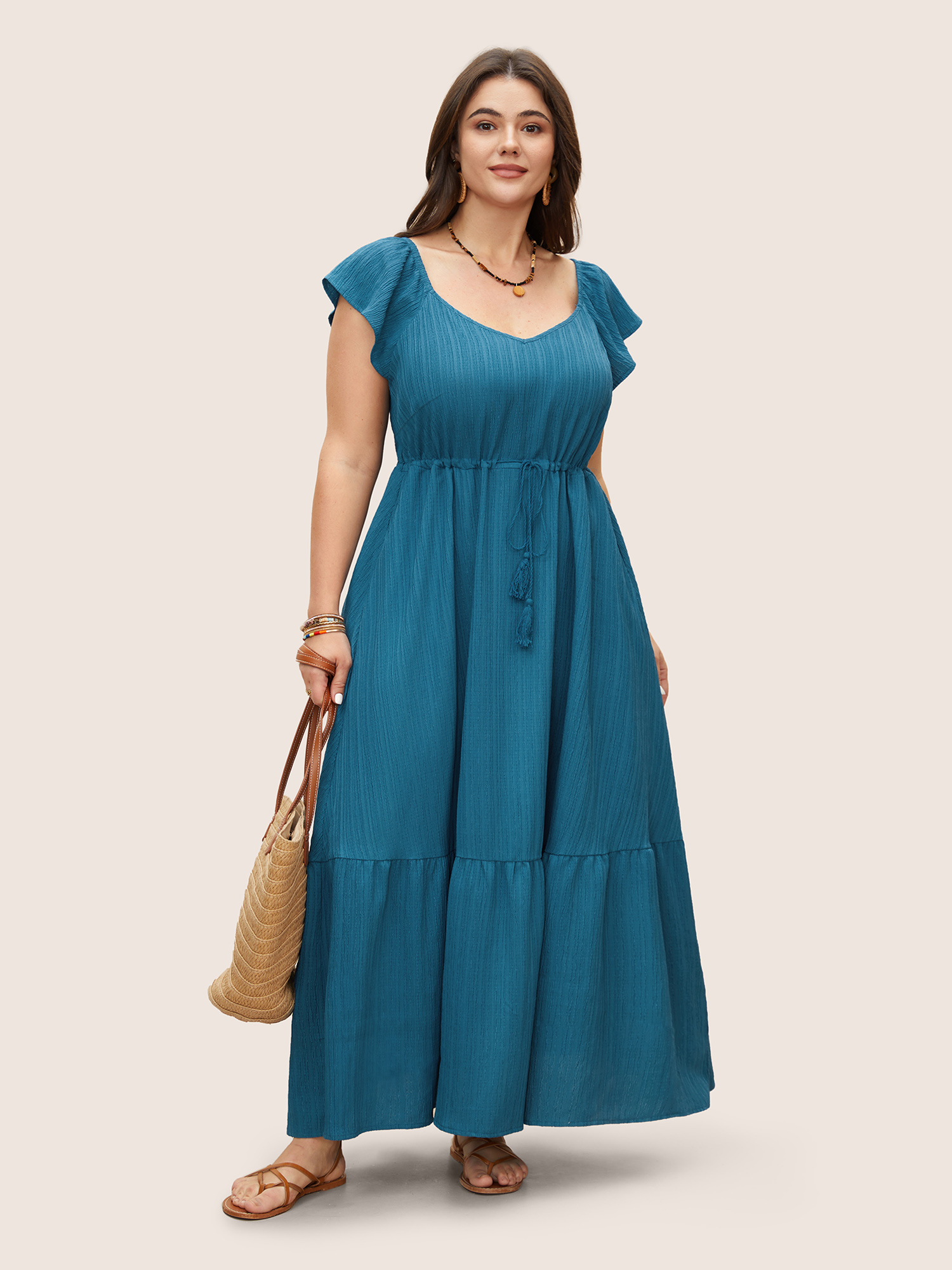 BloomChic Women's Plus Size Texture Drawstring Tie Knot Tassels Dress Corsair Solid Maxi Vacation Lace-Up 10/M